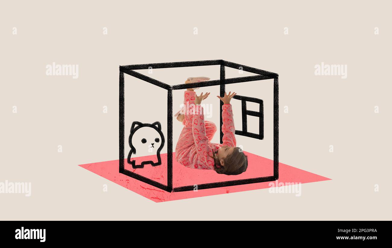 Conceptual art collage of little cute girl wearing pink pajamas, laying