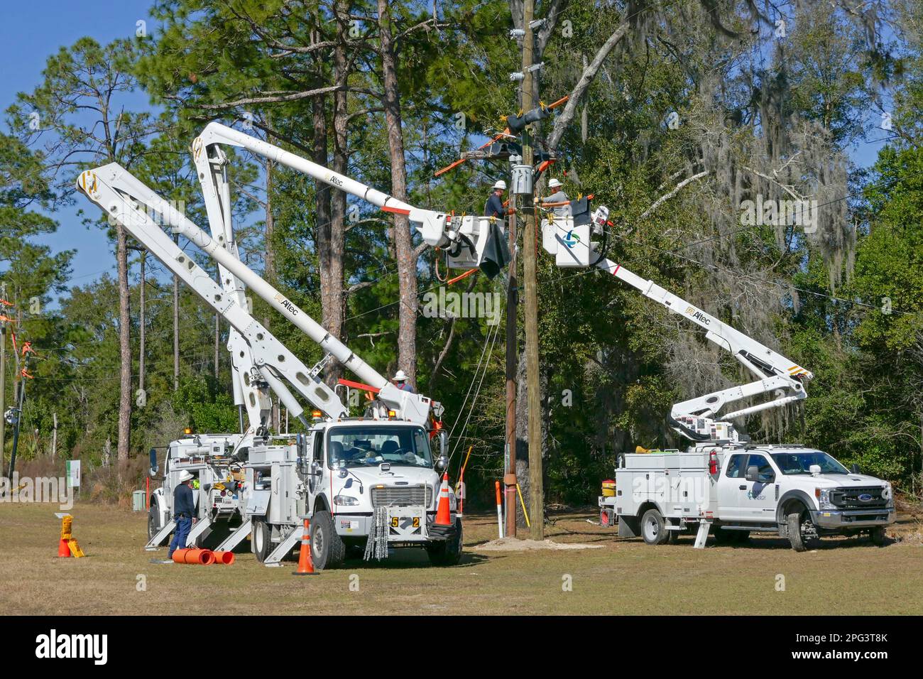 Multiple units of electric linemen at work in North Central Florida. Stock Photo