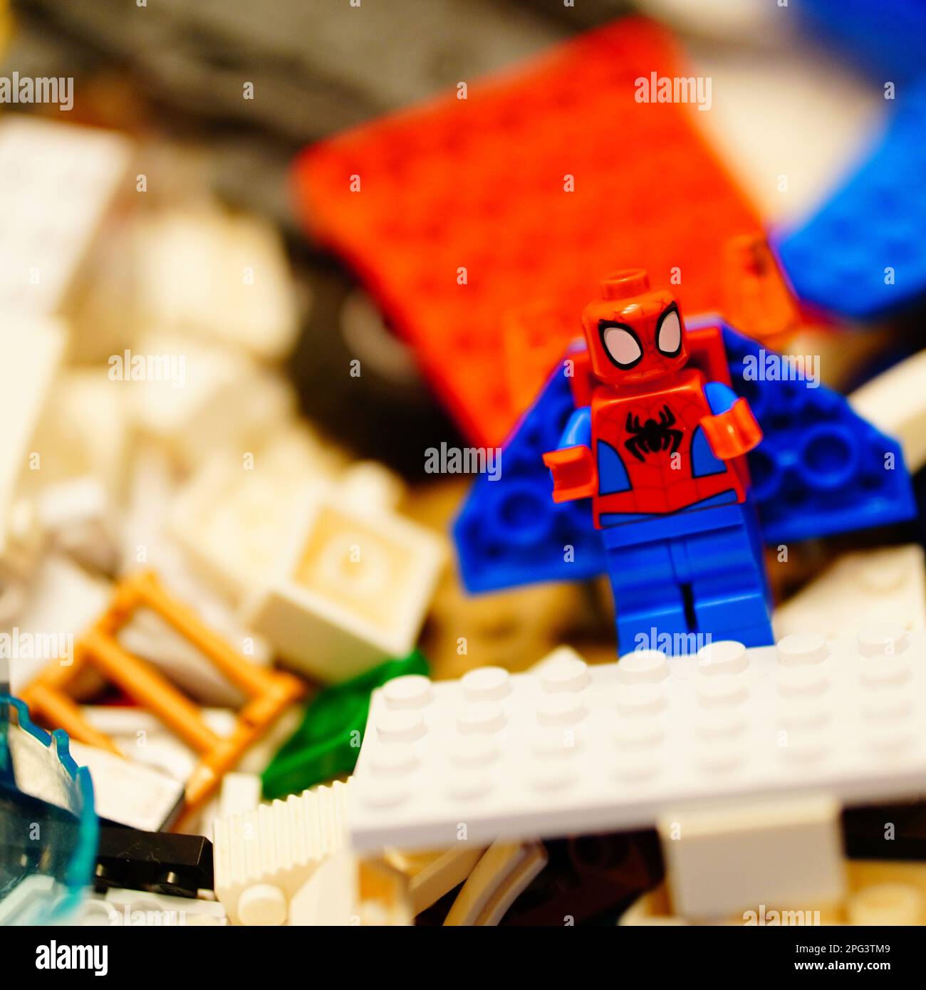 A Lego figurine of Spider-Man in the pile of Lego blocks Stock Photo - Alamy