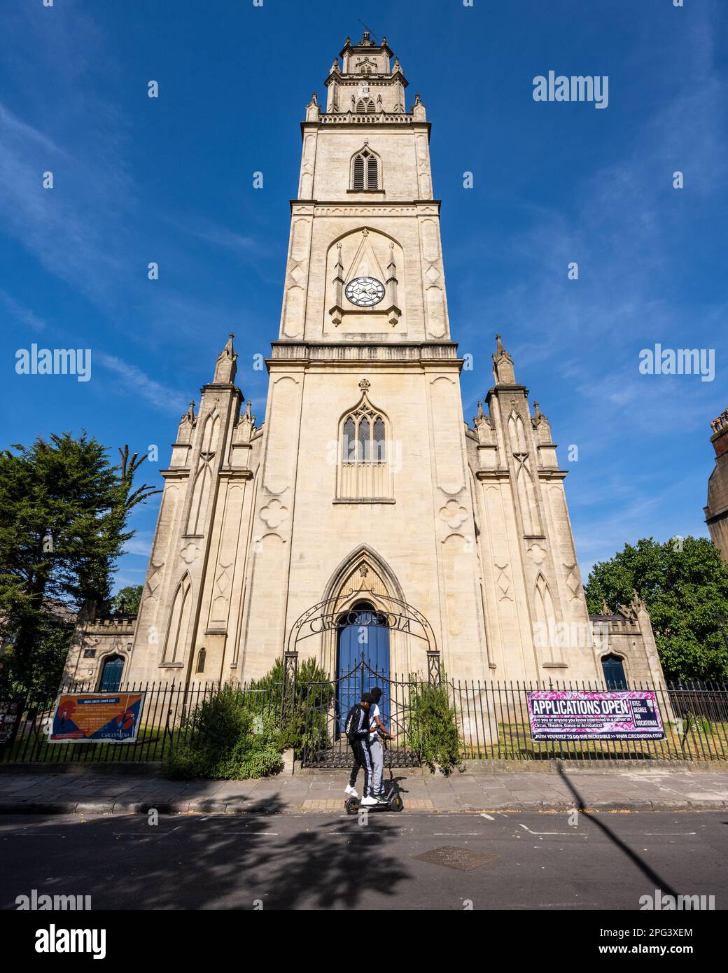 Sun shines on the tower of St Paul's Church in inner city Bristol, England. Stock Photo