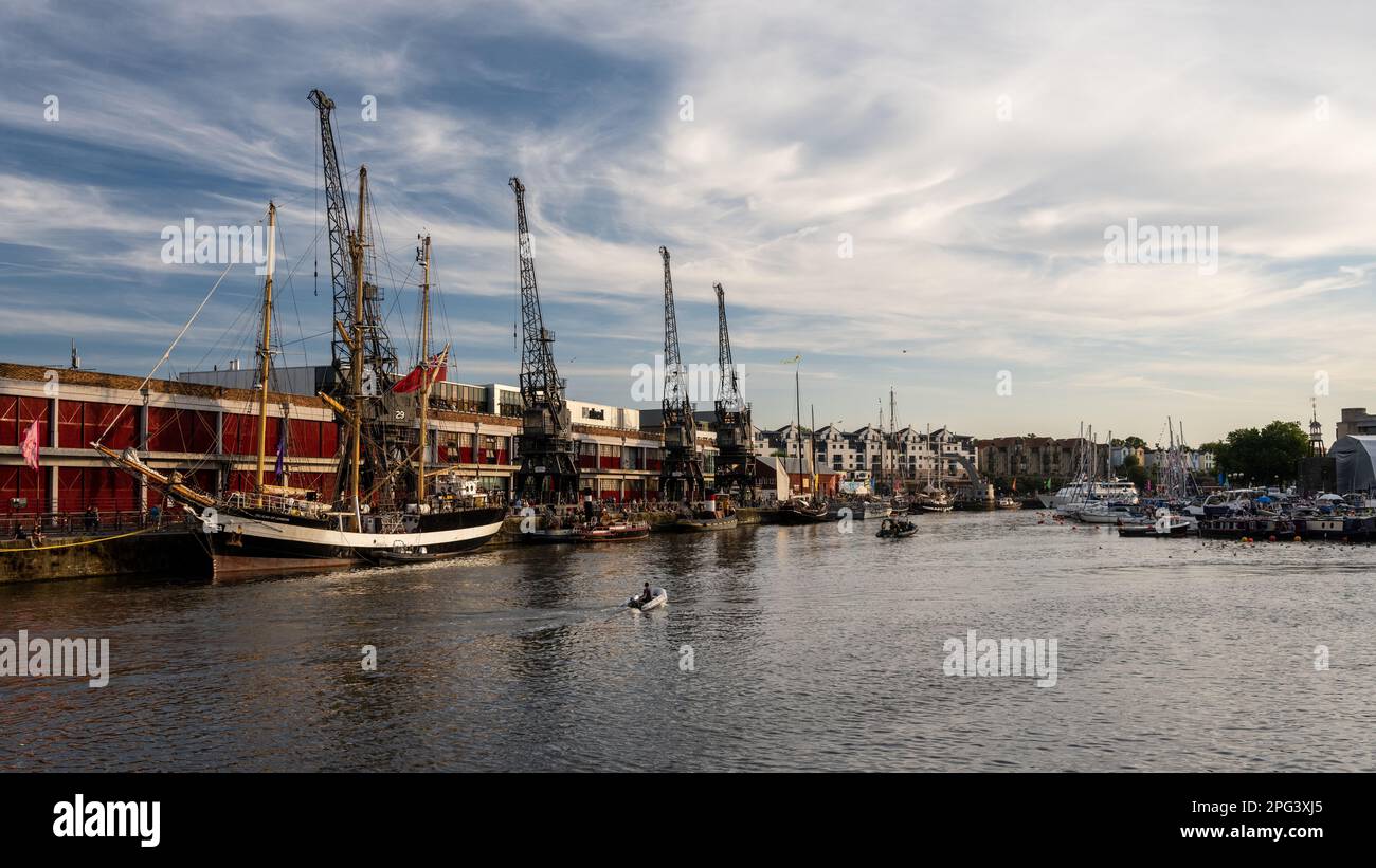Traditional steam boats and sailing ships line the quaysides of Bristol's Floating Harbour. Stock Photo
