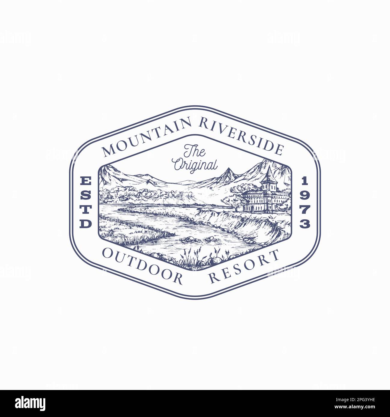 Outdoor Recreation Vacation Frame Badge Logo Template. Hand Drawn Mansion Building near River and Mountains Landscape Sketch with Retro Typography and Stock Vector