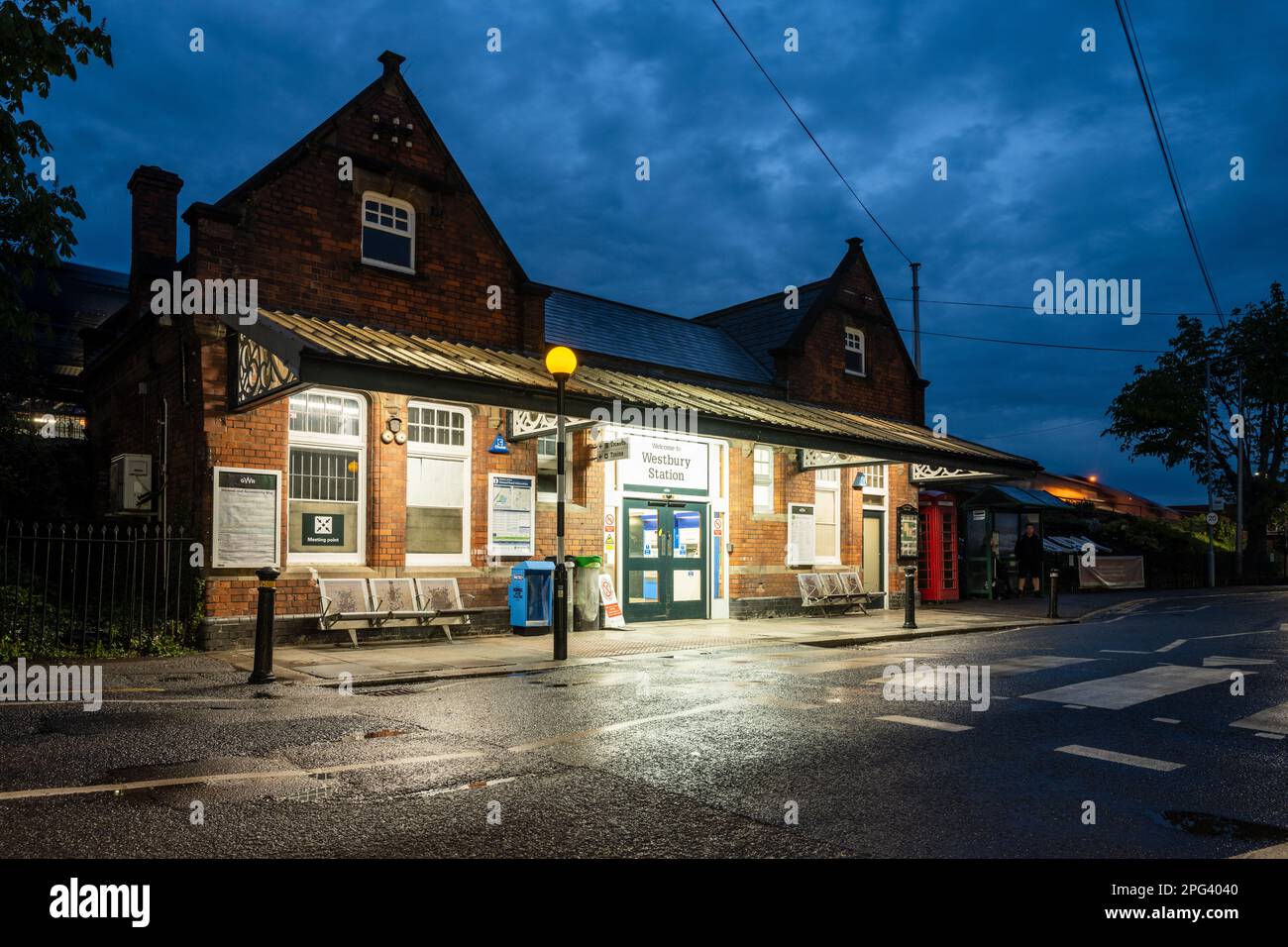 Westbury Railway Station building is lit at night Stock Photo Alamy
