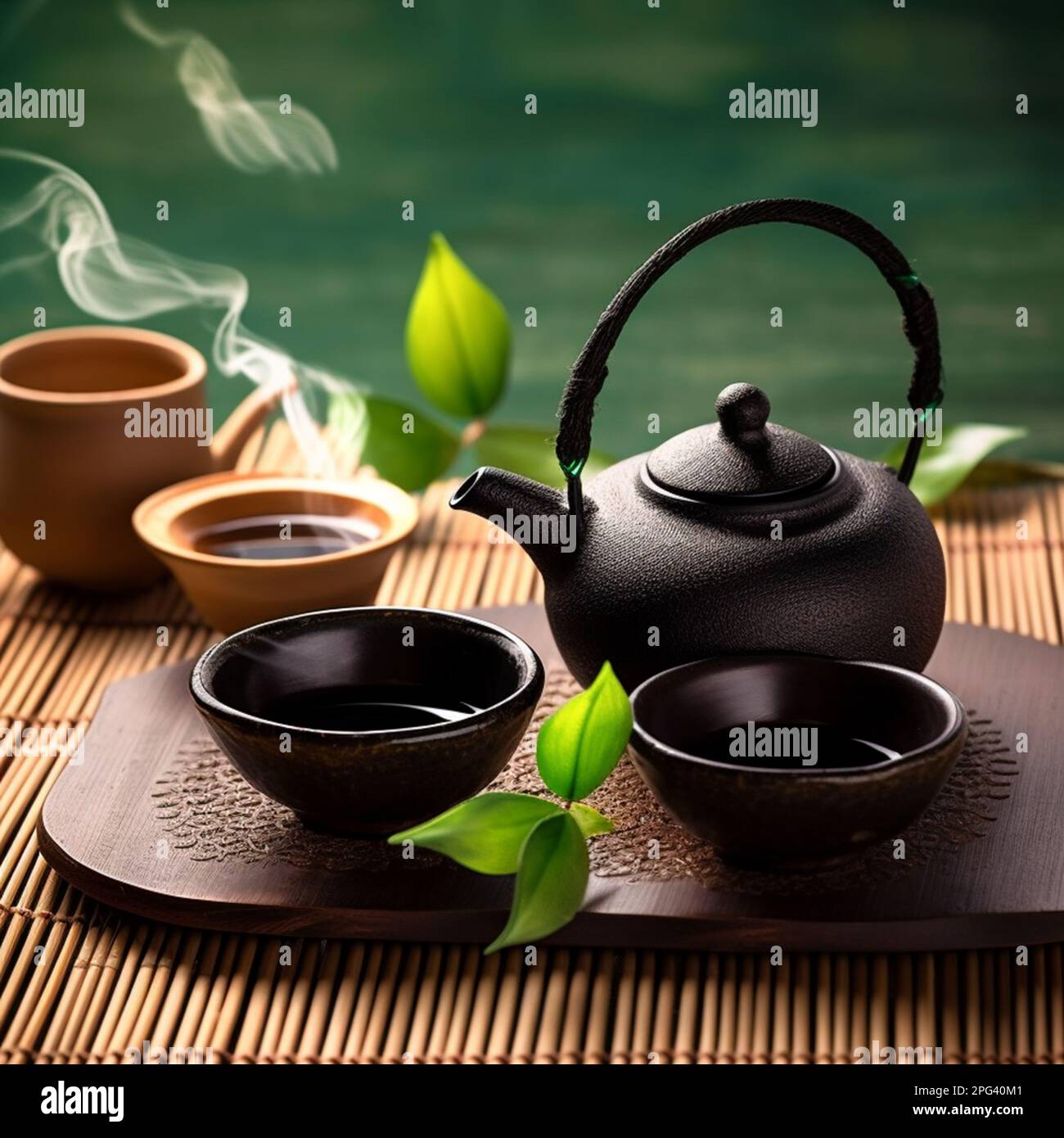 Asian tea set. Hot tea in pot and teacups. Japanese teapot and cups on  bamboo mat Stock Photo - Alamy