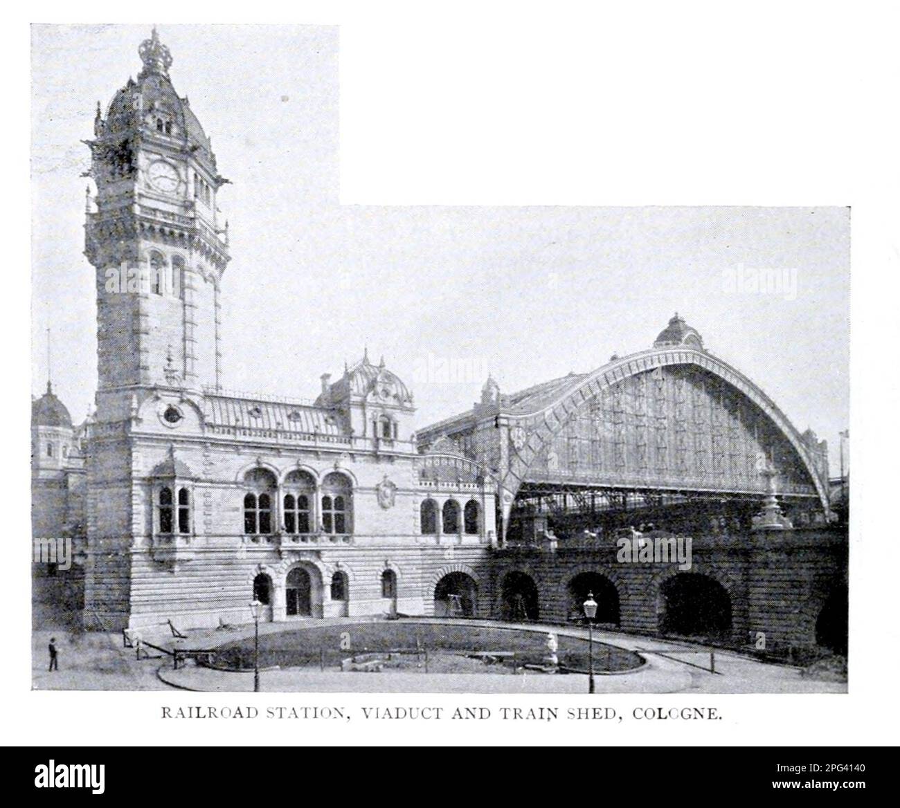 Railroad Station, Viaduct and Train Shed, Cologne, Germany from the Article THE ARCHITECTURE OF RAILROAD STATIONS by Bradford L. Gilbert  from The Engineering Magazine DEVOTED TO INDUSTRIAL PROGRESS Volume IX April to September, 1895 NEW YORK The Engineering Magazine Co Stock Photo