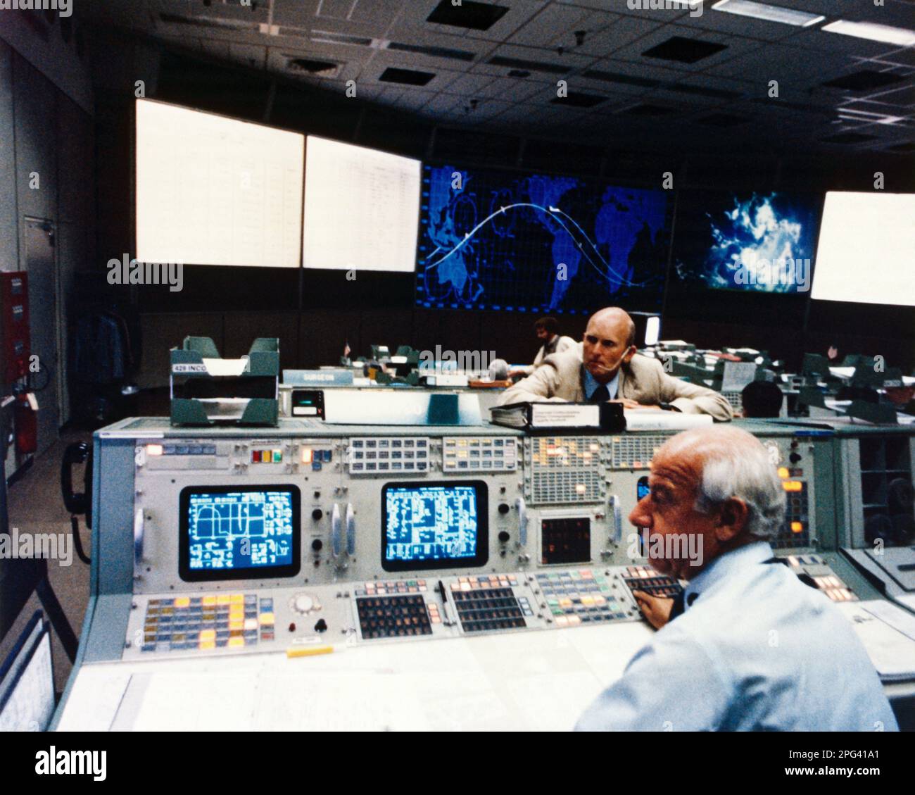 Johnson Space Centre Mission Control Room in the 1970's Houston Texas USA Stock Photo