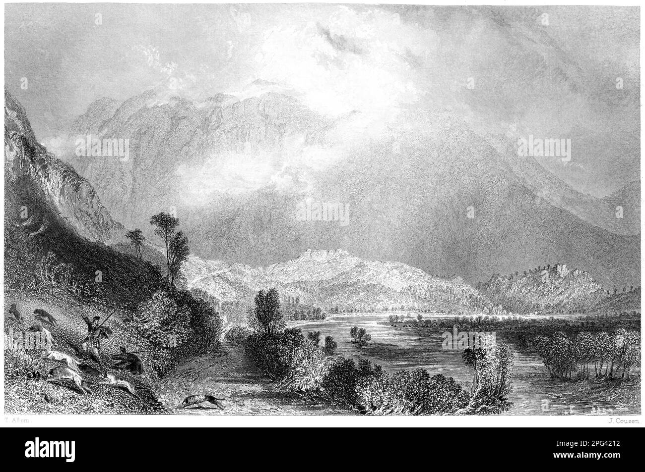 An engraving of Glencoe from the west, West Highlands, Scotland UK scanned at high resolution from a book printed in 1840. Stock Photo