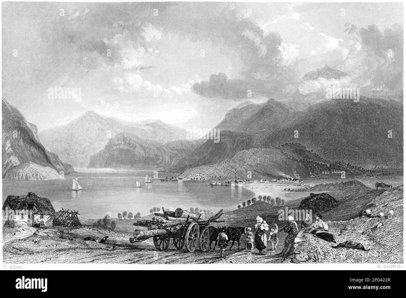 An engraving of Bunawe (Bonawe), Loch Etive from near Tyanuilt (Taynuilt), Argyleshire, Scotland UK scanned at high res from a book printed in 1840. Stock Photo