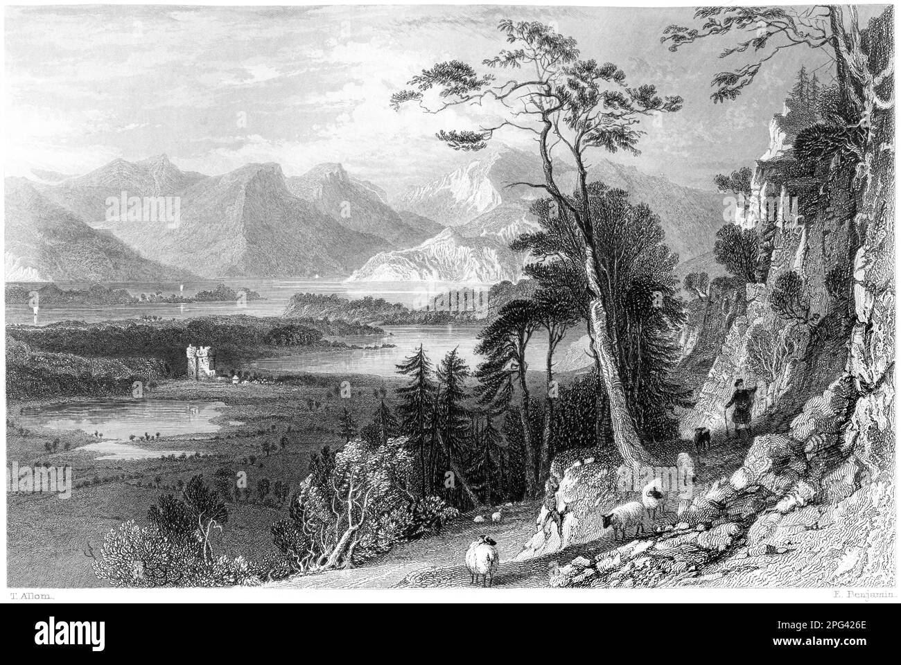 An engraving of Loch Creran with Bercaldine (Barcaldine) Castle, Argyleshire, Scotland UK scanned at high resolution from a book printed in 1840. Stock Photo