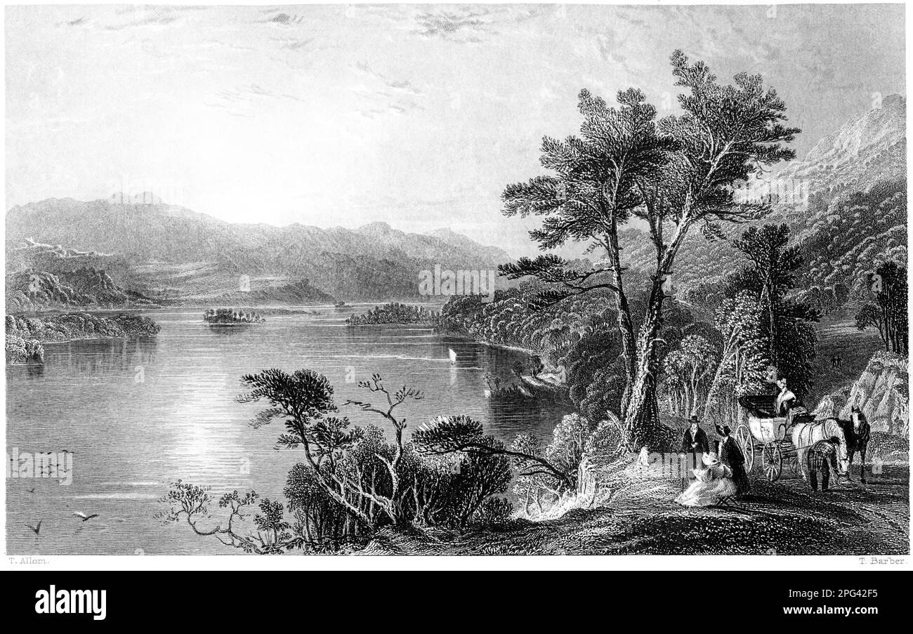 An engraving of Loch Awe, Argyleshire, Scotland UK scanned at high resolution from a book printed in 1840. Believed copyright free. Stock Photo