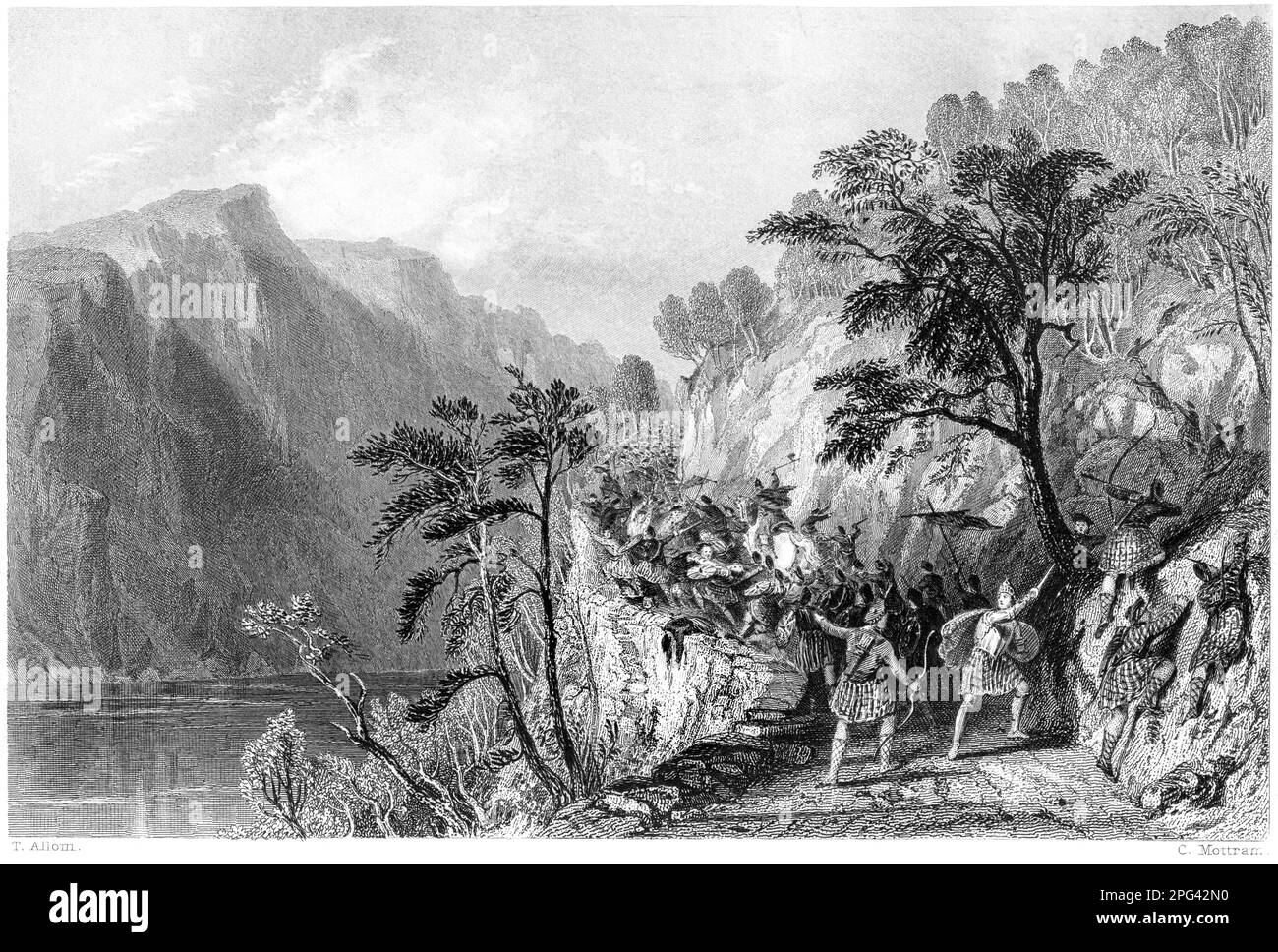 Engraving of the Pass of Awe, Argyleshire, Scotland UK scanned at high resolution from a book printed in 1840.  Battle of the Pass of Brander in 1308. Stock Photo