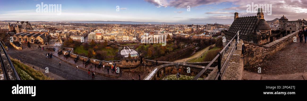 Edinburgh Castle provides a viewspoint across the Georgian New Town and Leith to the Firth of Forth and Fife beyond. Stock Photo