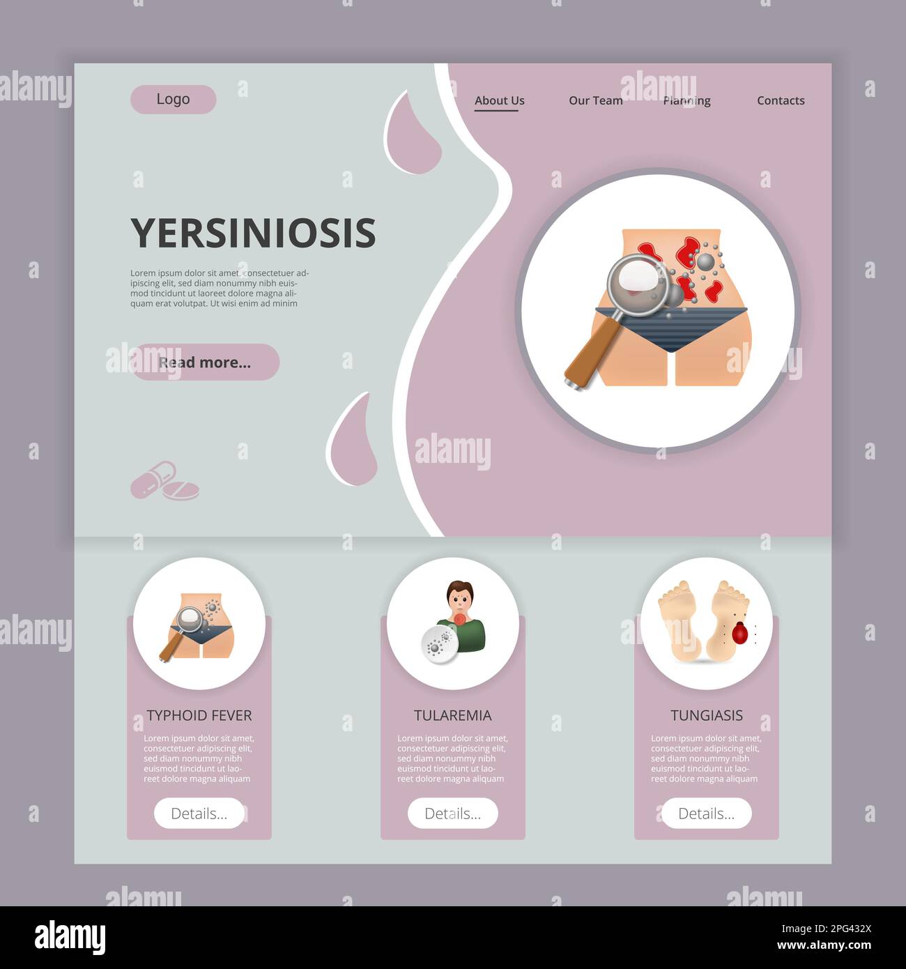 Yersiniosis flat landing page website template. Typhoid fever, tularemia, tungiasis. Web banner with header, content and footer. Vector illustration. Stock Vector