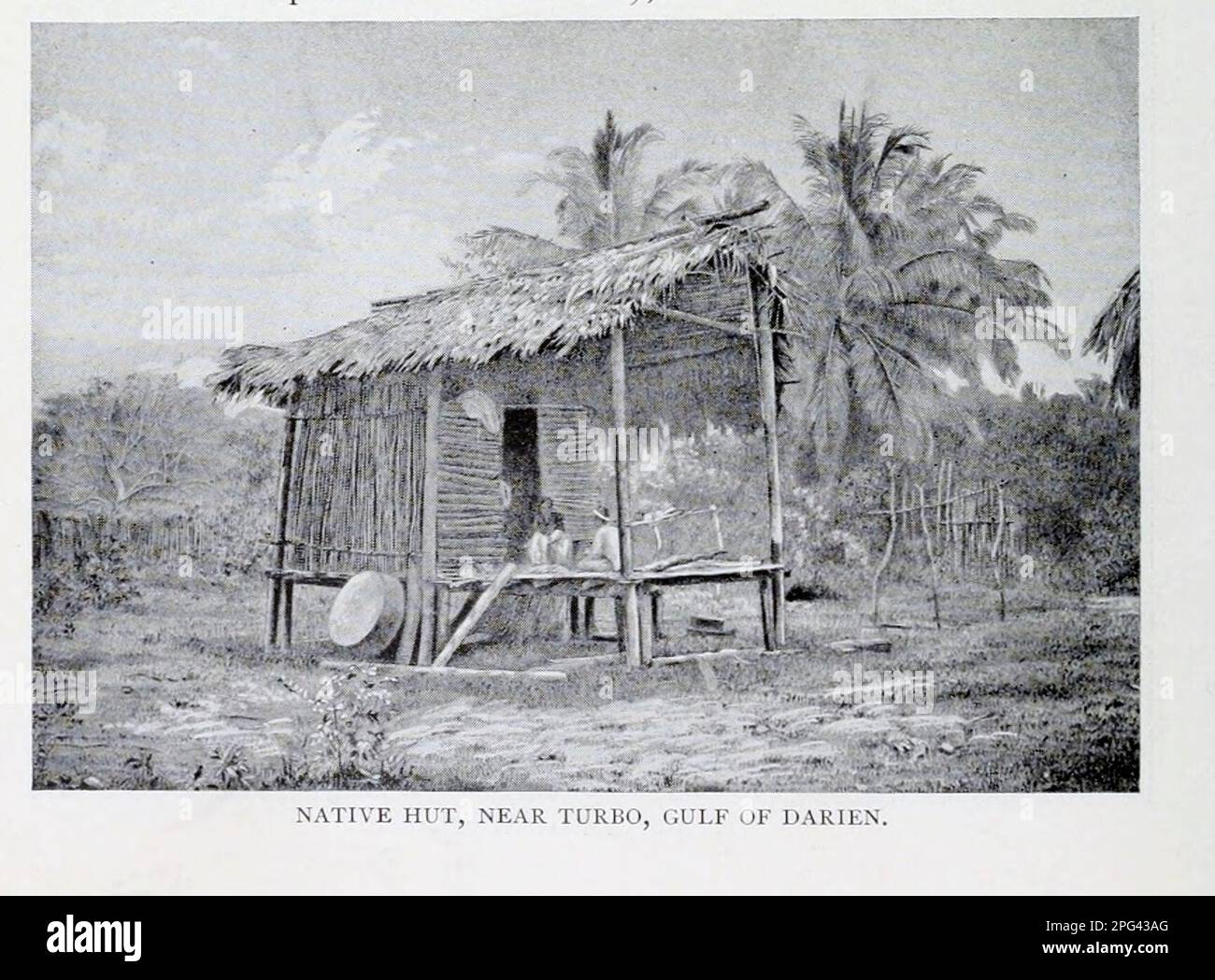 Native hut, near Turbo, Golf of Darien from the Article BUSINESS OPPORTUNITIES IN COLOMBIA. By C. F. Z. Caracristi. from The Engineering Magazine DEVOTED TO INDUSTRIAL PROGRESS Volume IX April to September, 1895 NEW YORK The Engineering Magazine Co Stock Photo