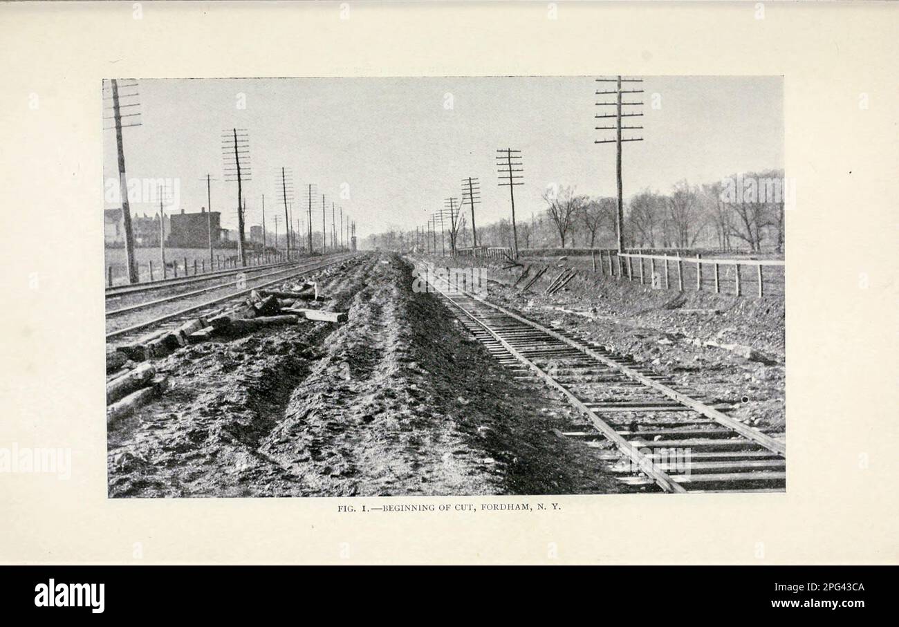 Beginning of the cut, Fordham, NY from the Article THE MODERN PROBLEM OF GRADE CROSSINGS. By William O. Webber from The Engineering Magazine DEVOTED TO INDUSTRIAL PROGRESS Volume IX April to September, 1895 NEW YORK The Engineering Magazine Co Stock Photo