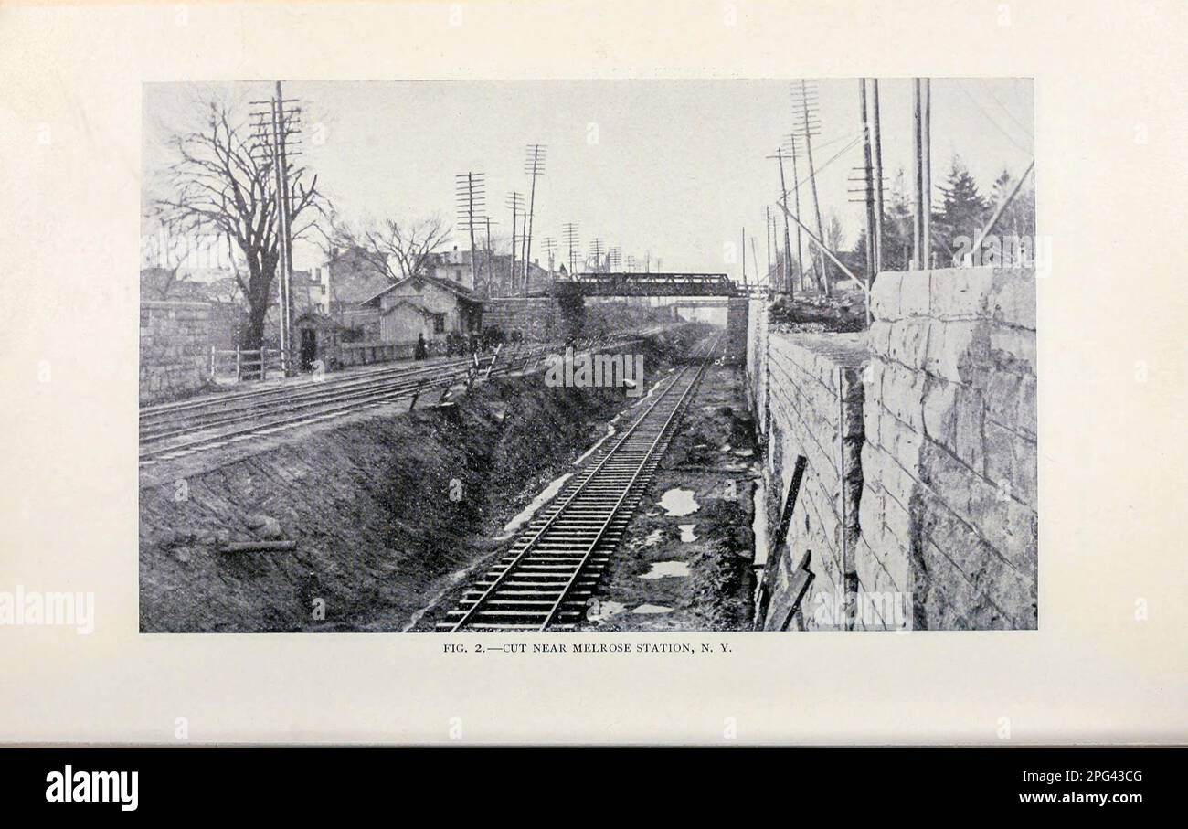 Cut Near Melrose Station, NY from the Article THE MODERN PROBLEM OF GRADE CROSSINGS. By William O. Webber from The Engineering Magazine DEVOTED TO INDUSTRIAL PROGRESS Volume IX April to September, 1895 NEW YORK The Engineering Magazine Co Stock Photo