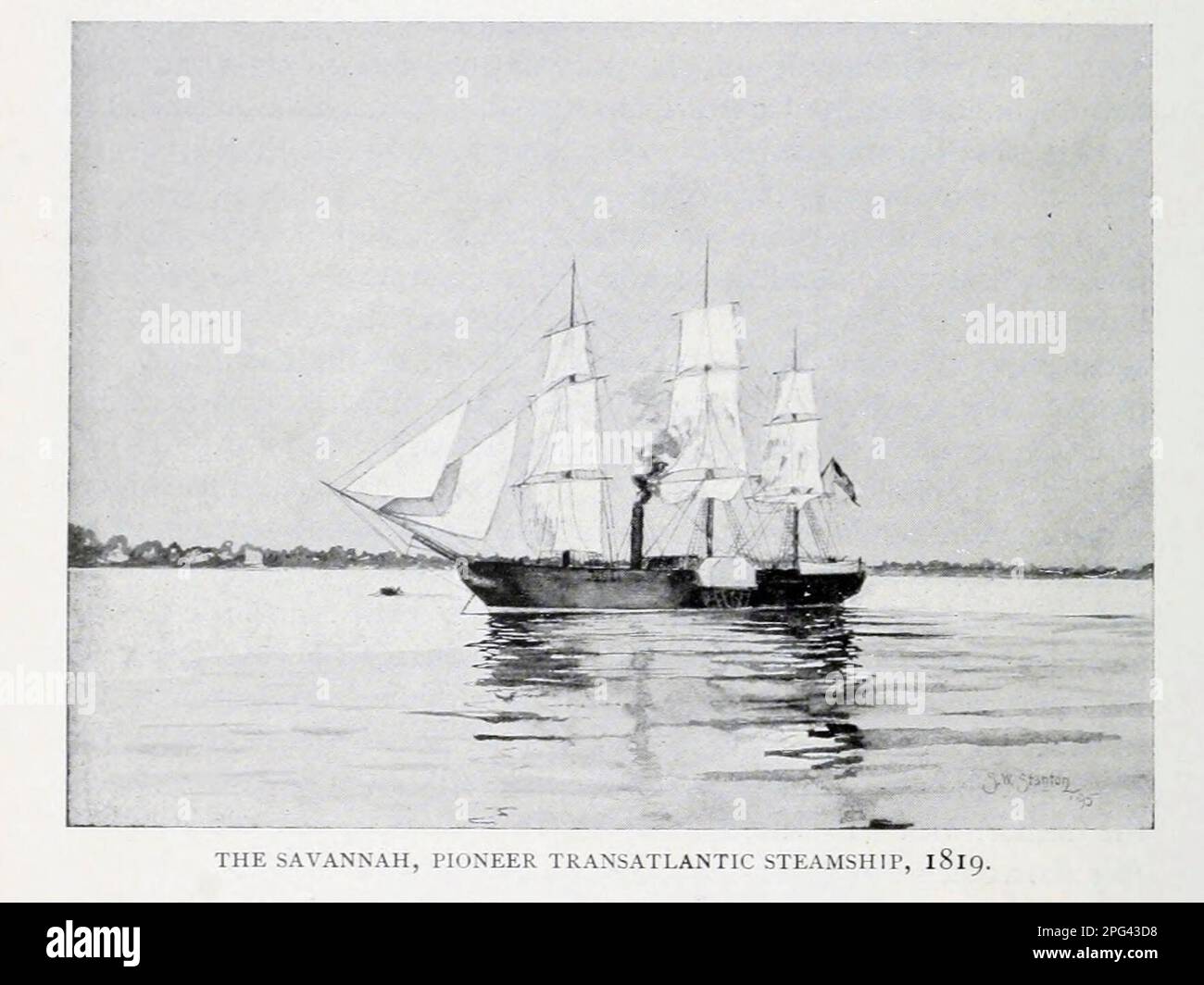 THE SAVANNAH, PIONEER TRANSATLANTIC STEAMSHIP, I8I9 from the Article THE EARLIEST TRANSATLANTIC STEAMSHIPS. 1819-1855. By Samuel Ward Stanton from The Engineering Magazine DEVOTED TO INDUSTRIAL PROGRESS Volume IX April to September, 1895 NEW YORK The Engineering Magazine Co Stock Photo
