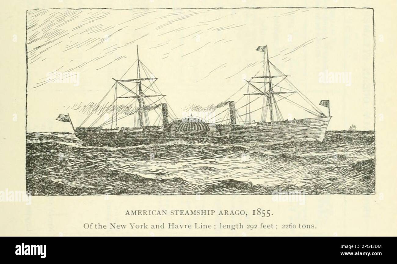 AMERICAN STEAMSHIP ARAGO, 1855. Of New York and Havre Line ; 292 feet in length ; 2260 tons from the Article THE EARLIEST TRANSATLANTIC STEAMSHIPS. 1819-1855. By Samuel Ward Stanton from The Engineering Magazine DEVOTED TO INDUSTRIAL PROGRESS Volume IX April to September, 1895 NEW YORK The Engineering Magazine Co Stock Photo