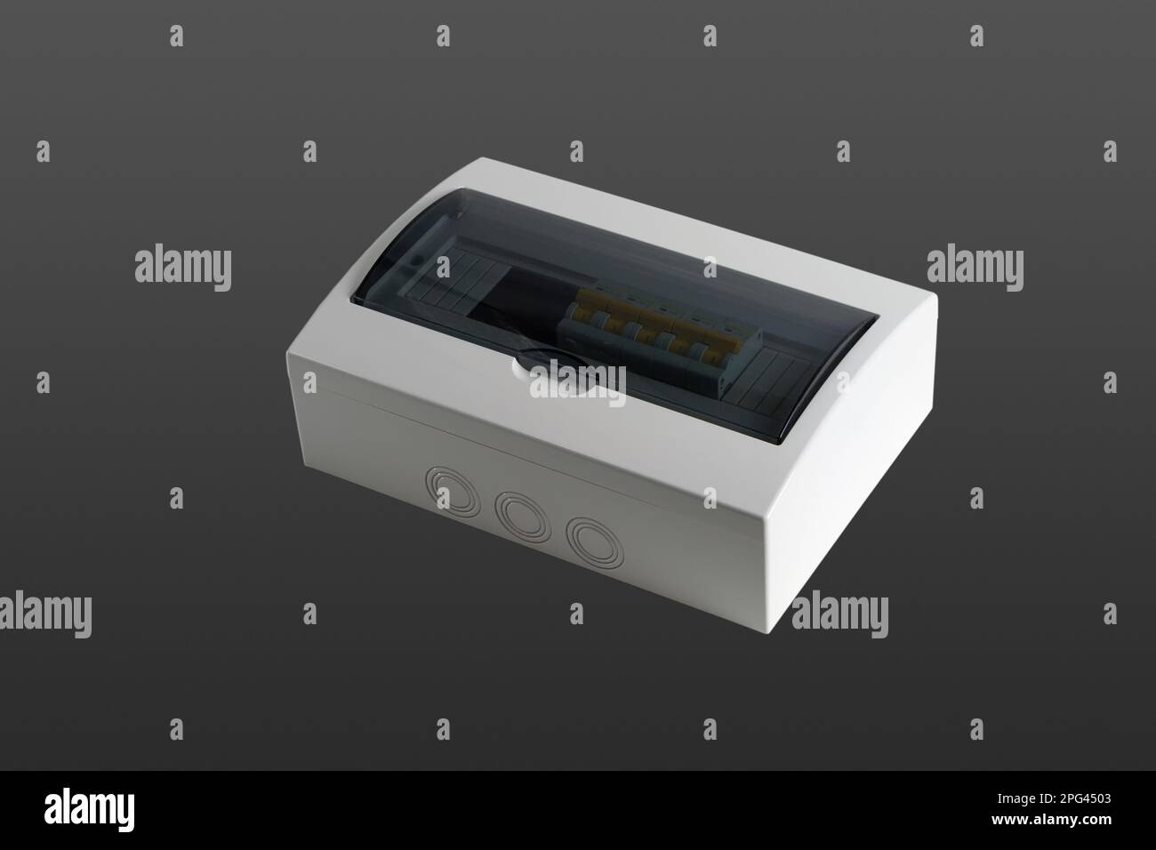 Plastic distribution board. Electrical board. Closeup. Isolated on