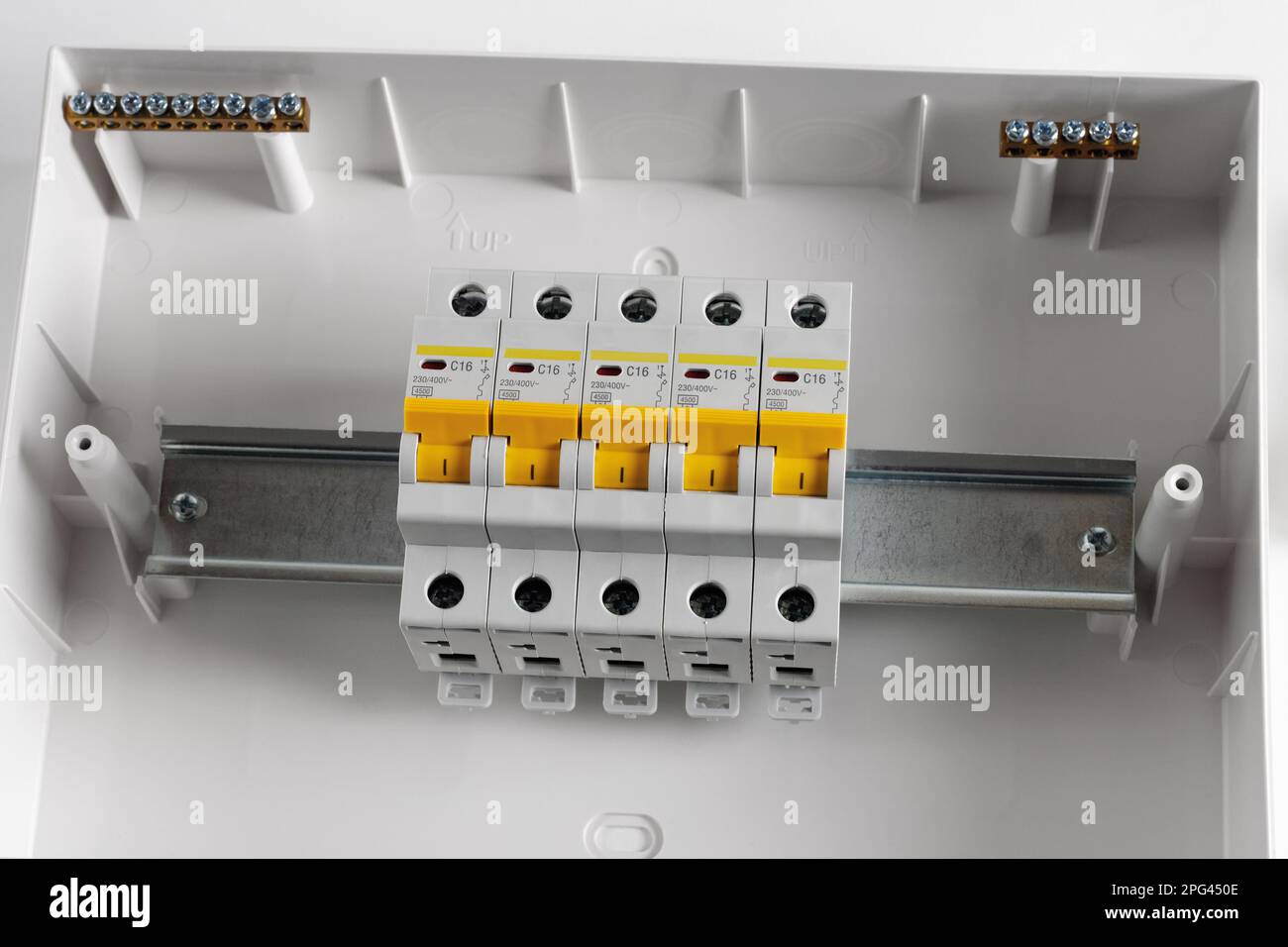 Plastic distribution board. Electrical board. Closeup. Isolated on