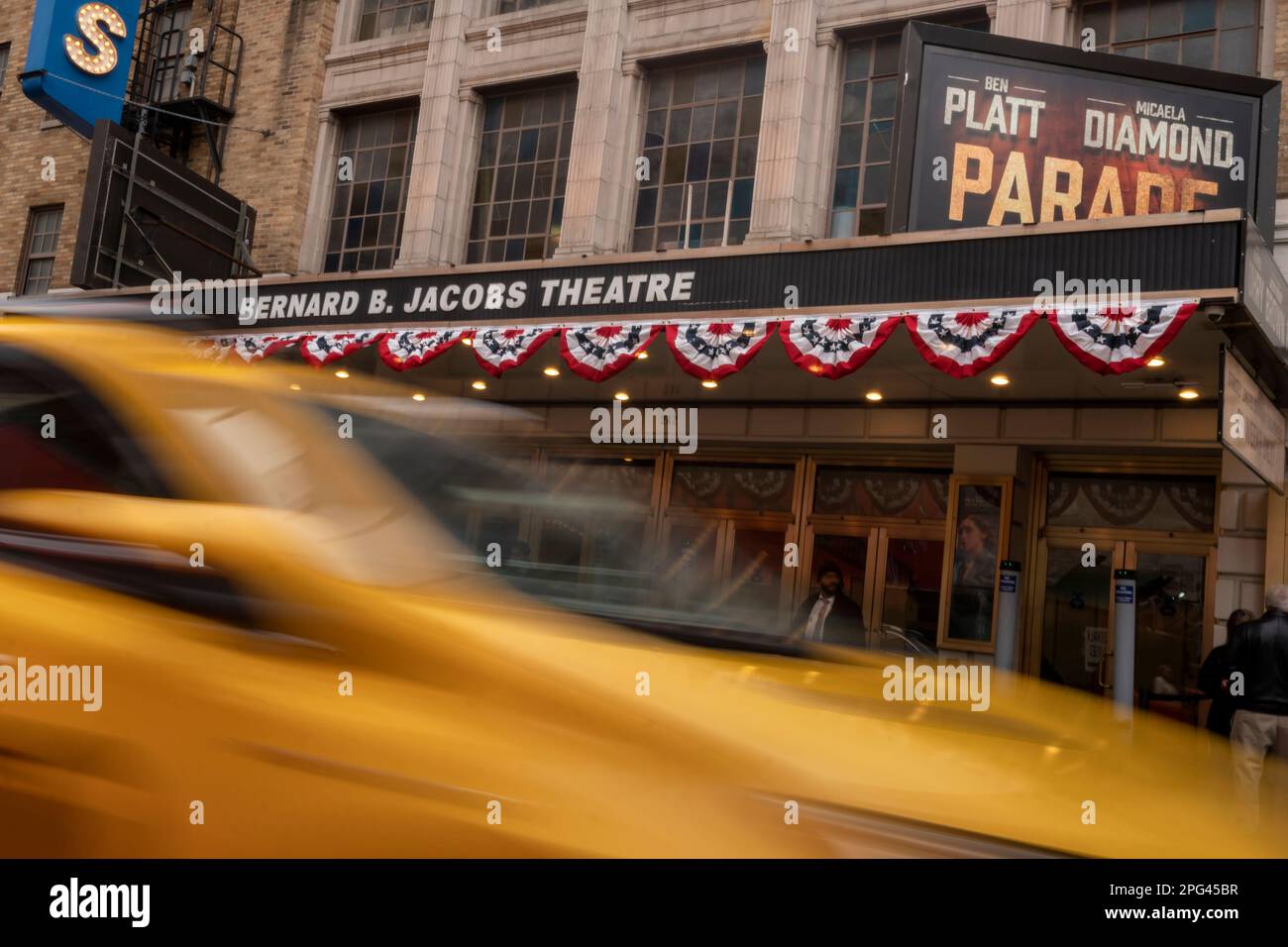 The marquee of the Bernard B. Jacobs Theatre, seen on Sunday, March 12, 2023 promotes the revival of “Parade”. (© Richard B. Levine) Stock Photo