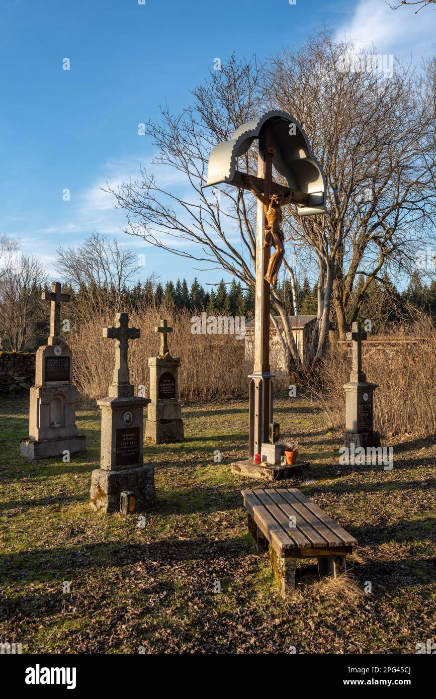 Part of renovated cemetery of former Sudeten German village of Pleš ...