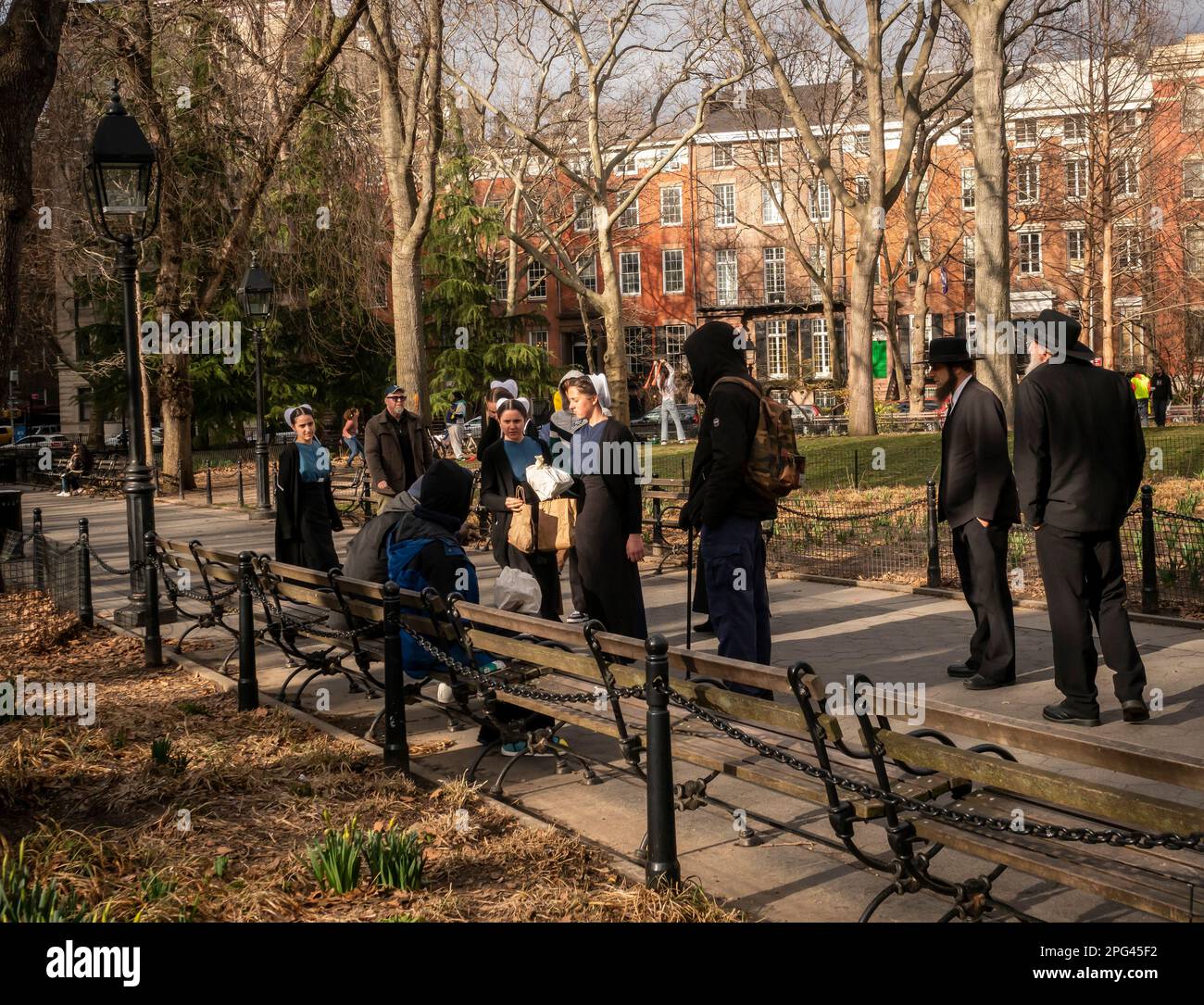 Members of the Mennonite religion visit the Washington Square Park in Greenwich Village of New York on Saturday, March 11, 2023. (© Richard B. Levine) Stock Photo