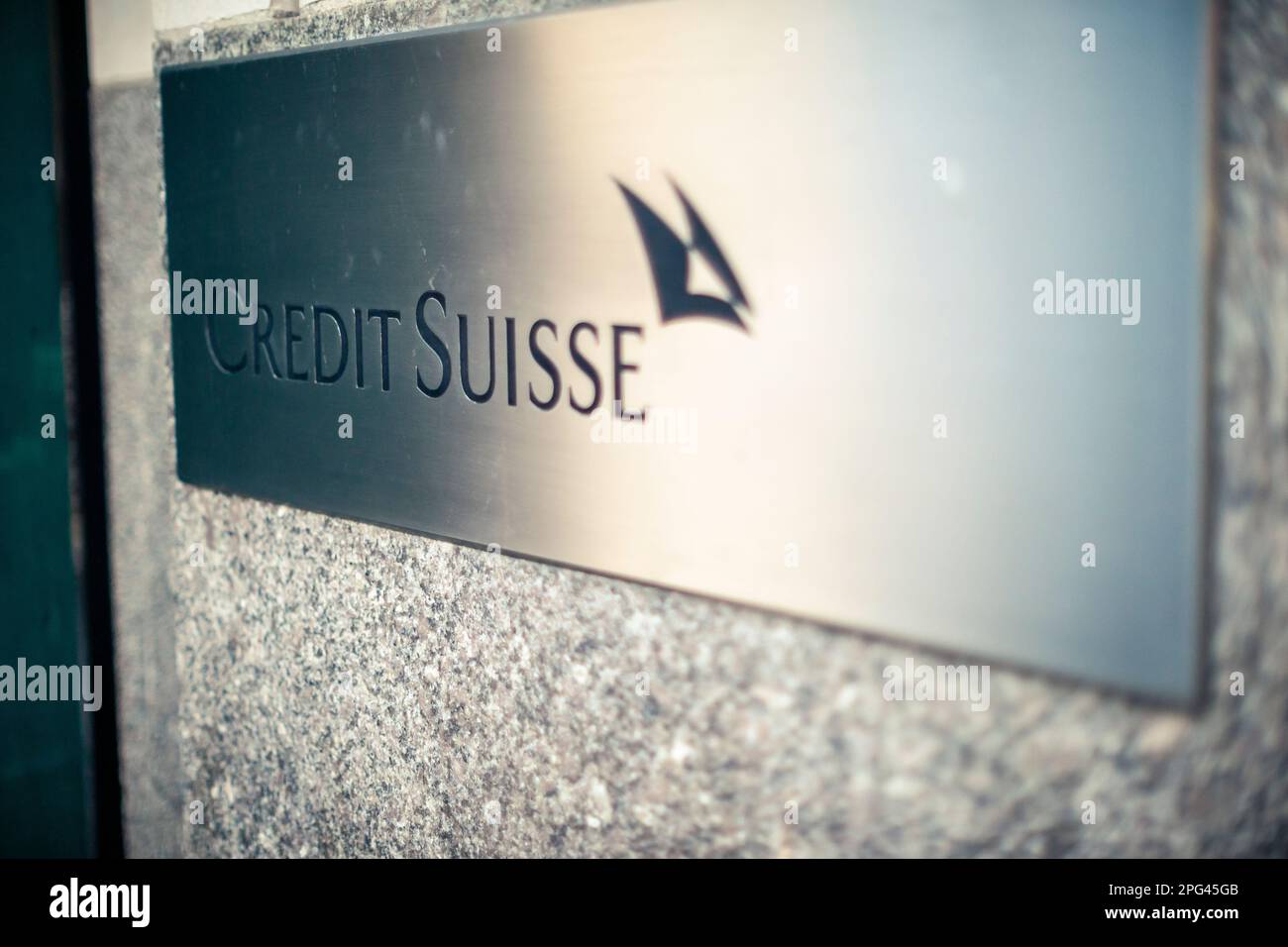 A sign for the New York headquarters of Credit Suisse on Madison Ave. on Wednesday, March 15, 2023. Credit Suisse received a lifeline for as much as $54 billion from the Swiss central bank in an attempt to calm investors. (© Richard B. Levine) Stock Photo