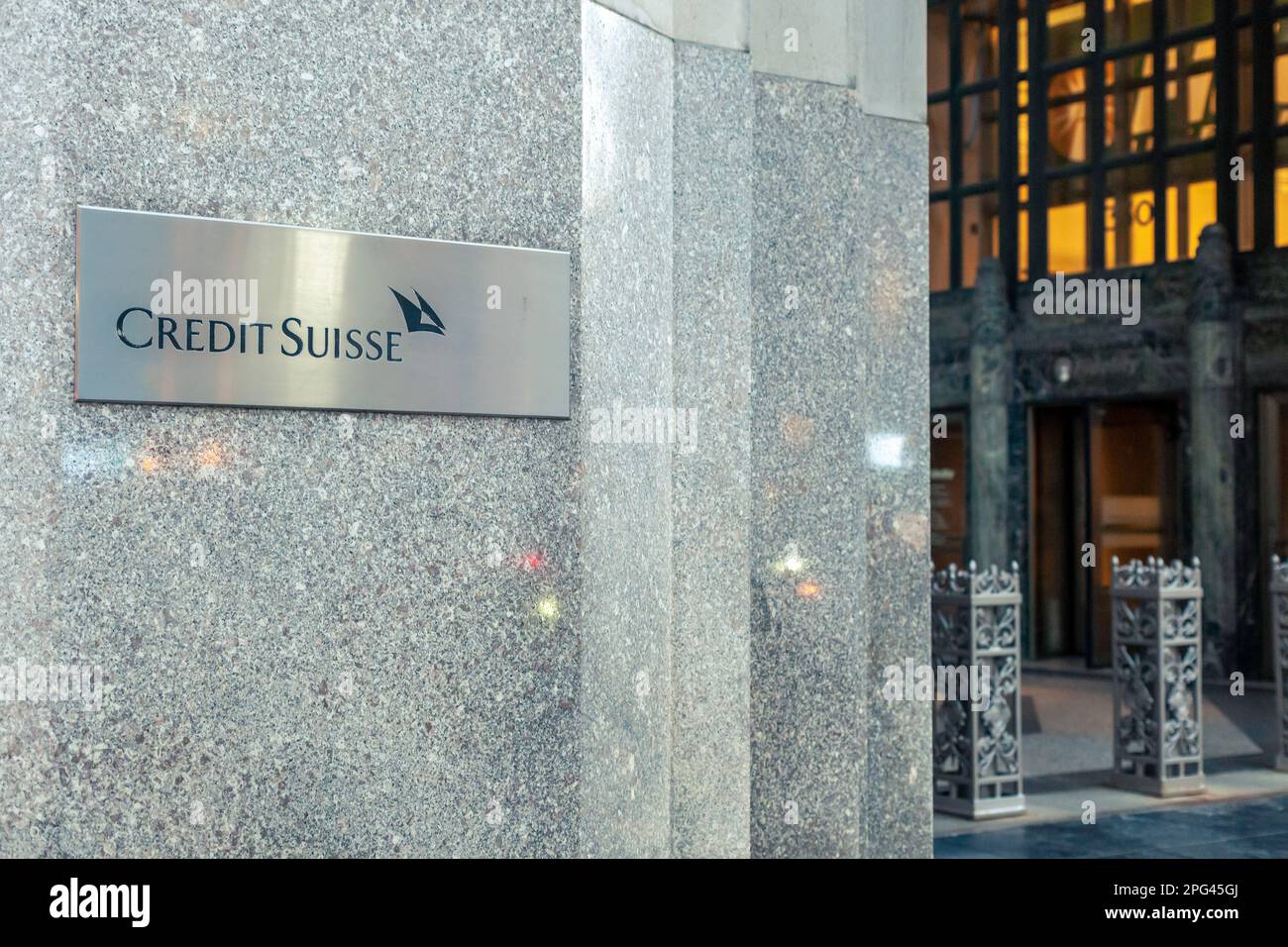 A sign for the New York headquarters of Credit Suisse on Wednesday, March 15, 2023. Credit Suisse received a lifeline for as much as $54 billion from the Swiss central bank in an attempt to calm investors. (© Richard B. Levine) Stock Photo