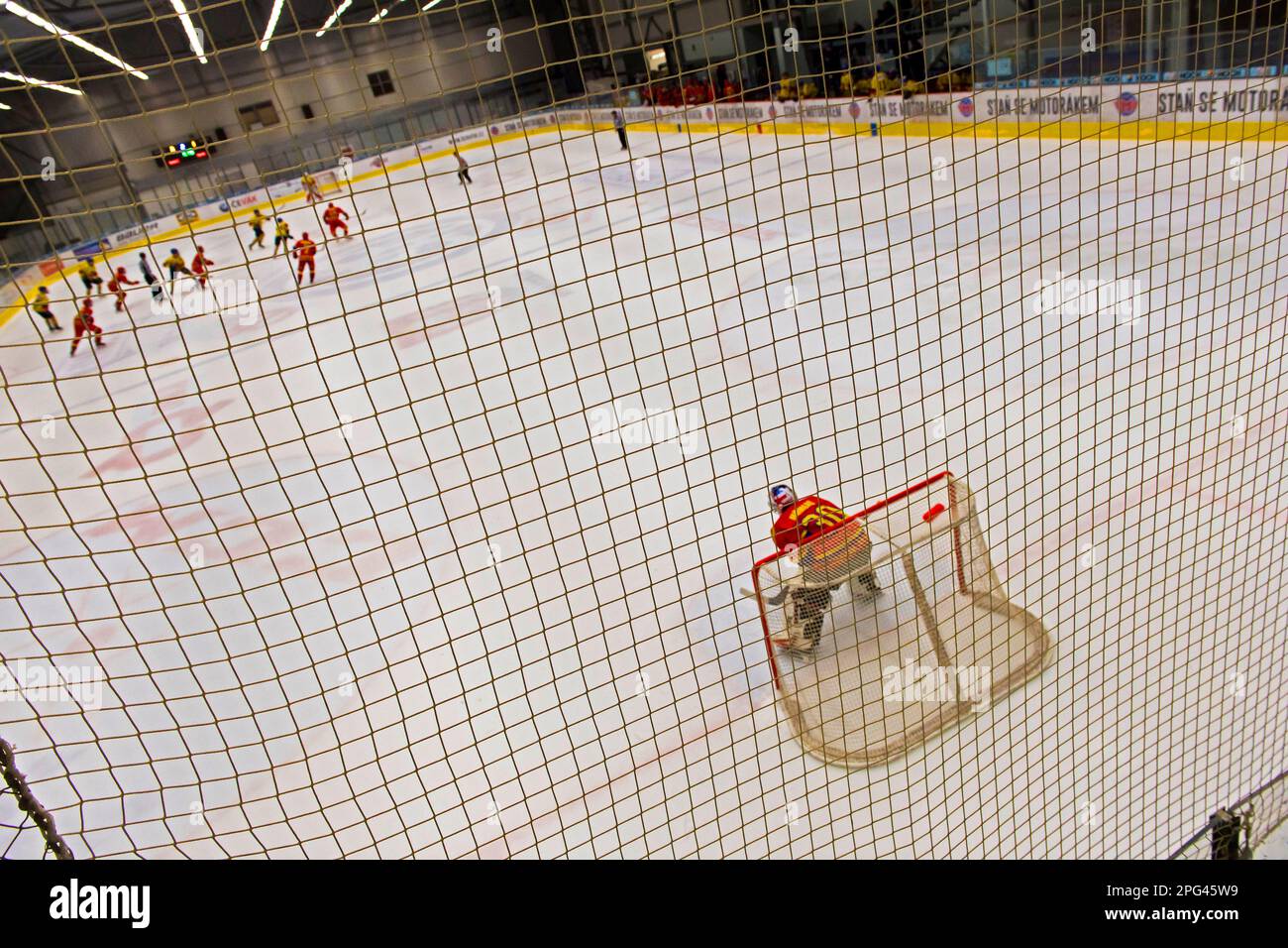 ice hockey goalie in net during indoor match from behind Stock Photo
