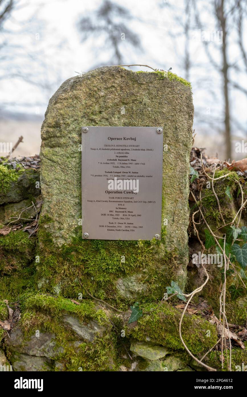 Memorial sign dedicated to fallen American soldiers who died during a skirmish with Nazis in Růžová (Rosendorf, now abandoned), West Bohemia, in 1945. Stock Photo