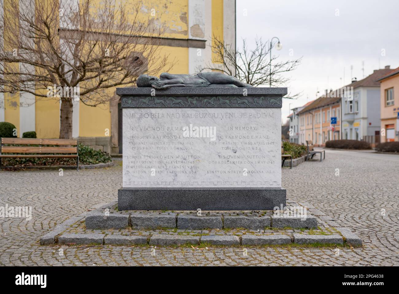 Monument to two fallen American soldiers from 42nd Reconnaissance Cavalry Squadron, killed during liberation of Czechoslovakia, in Bela nad Radbuzou. Stock Photo