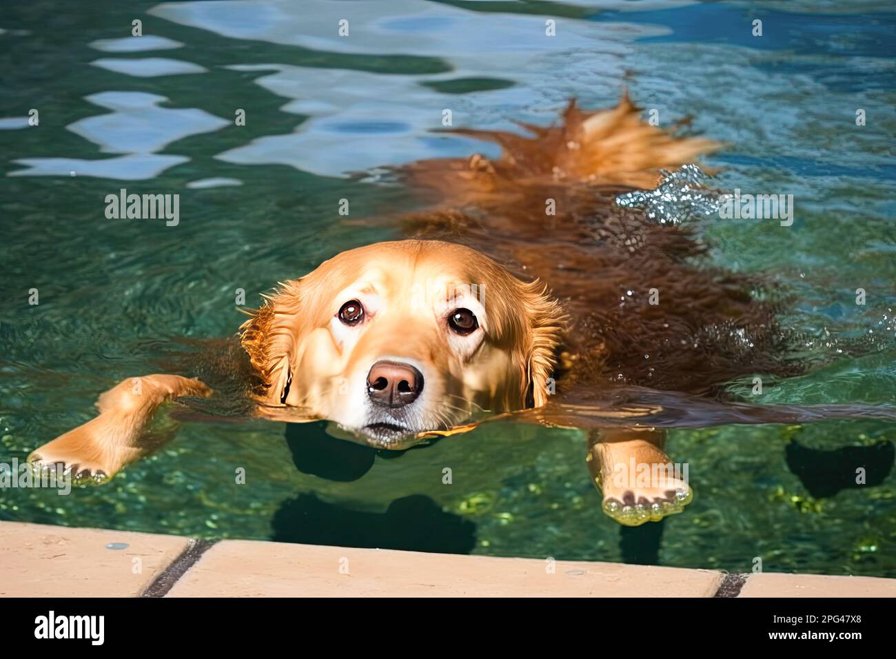 Adorable cute golden labrador retriever puppy swimming in the pool. Underwater shot of golden