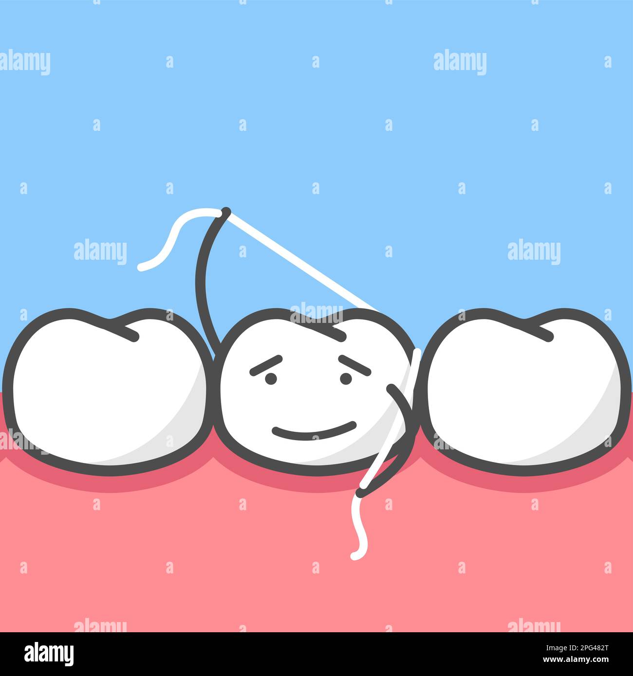 Cute tooth character flossing it self, oral hygiene and teeth cleaning with dental thread, vector Stock Vector