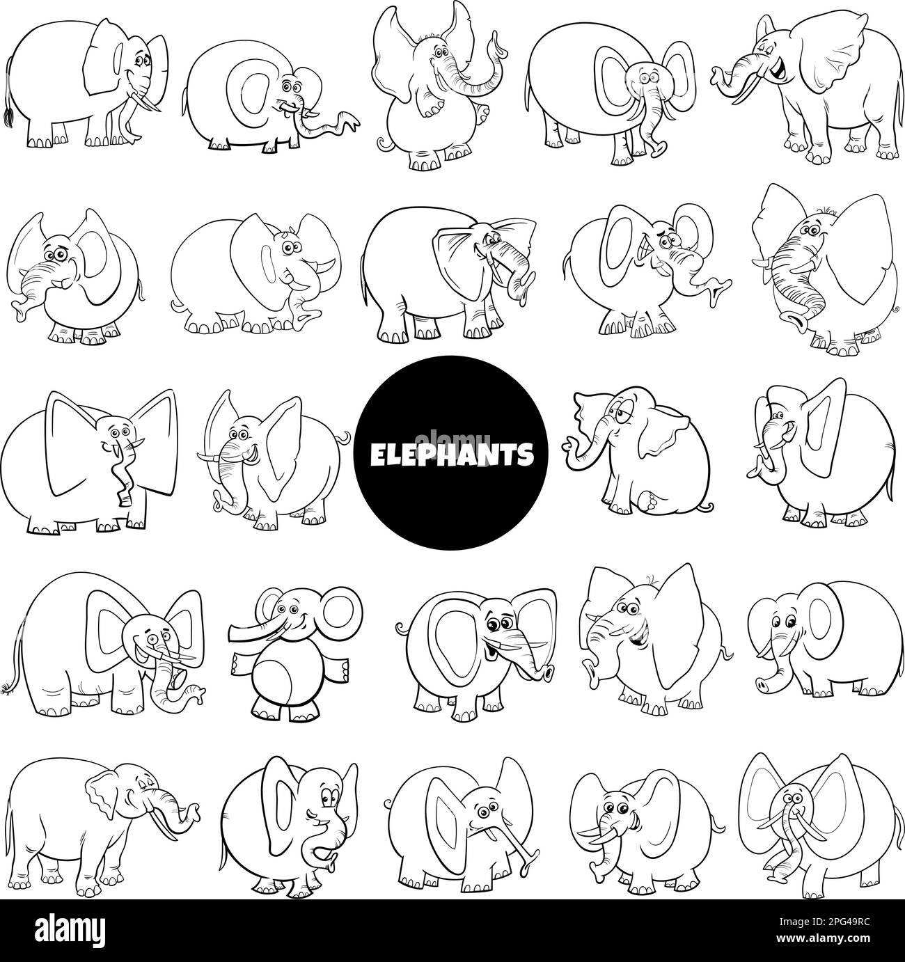 Black and white cartoon illustration of elephants funny animal