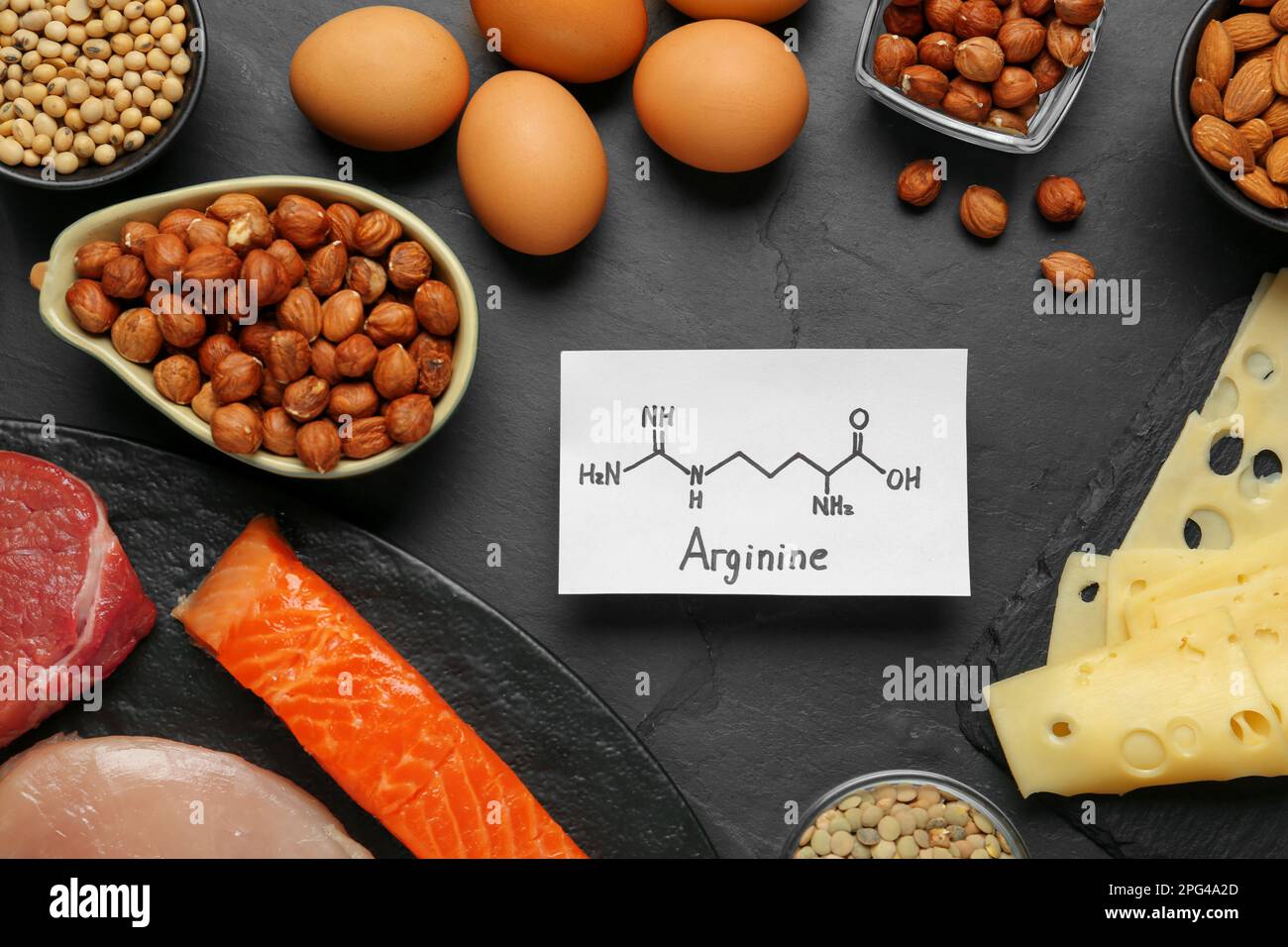 Different fresh products and paper with Arginine chemical formula on
