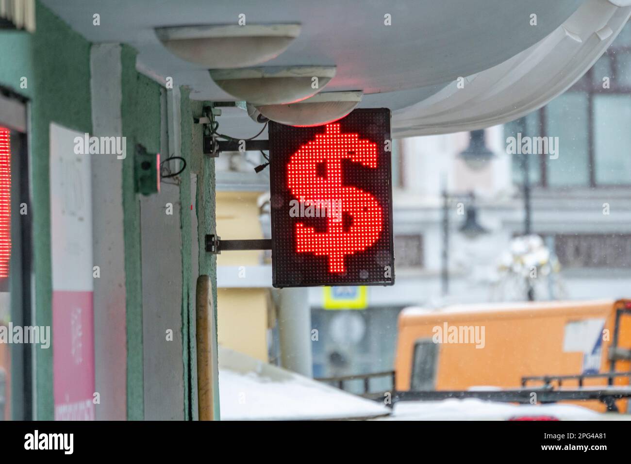 Russia, Moscow. A currency exchange office. A digital board displaying