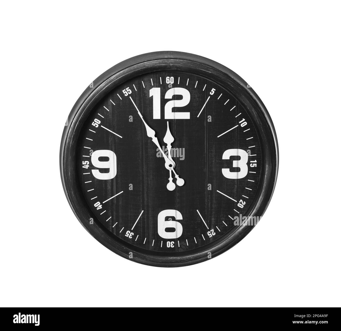 Clock showing five minutes until midnight on white background. New Year