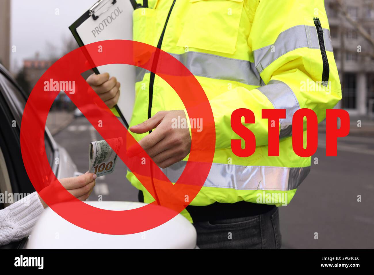 Stop corruption. Illustration of red prohibition sign and woman giving ...