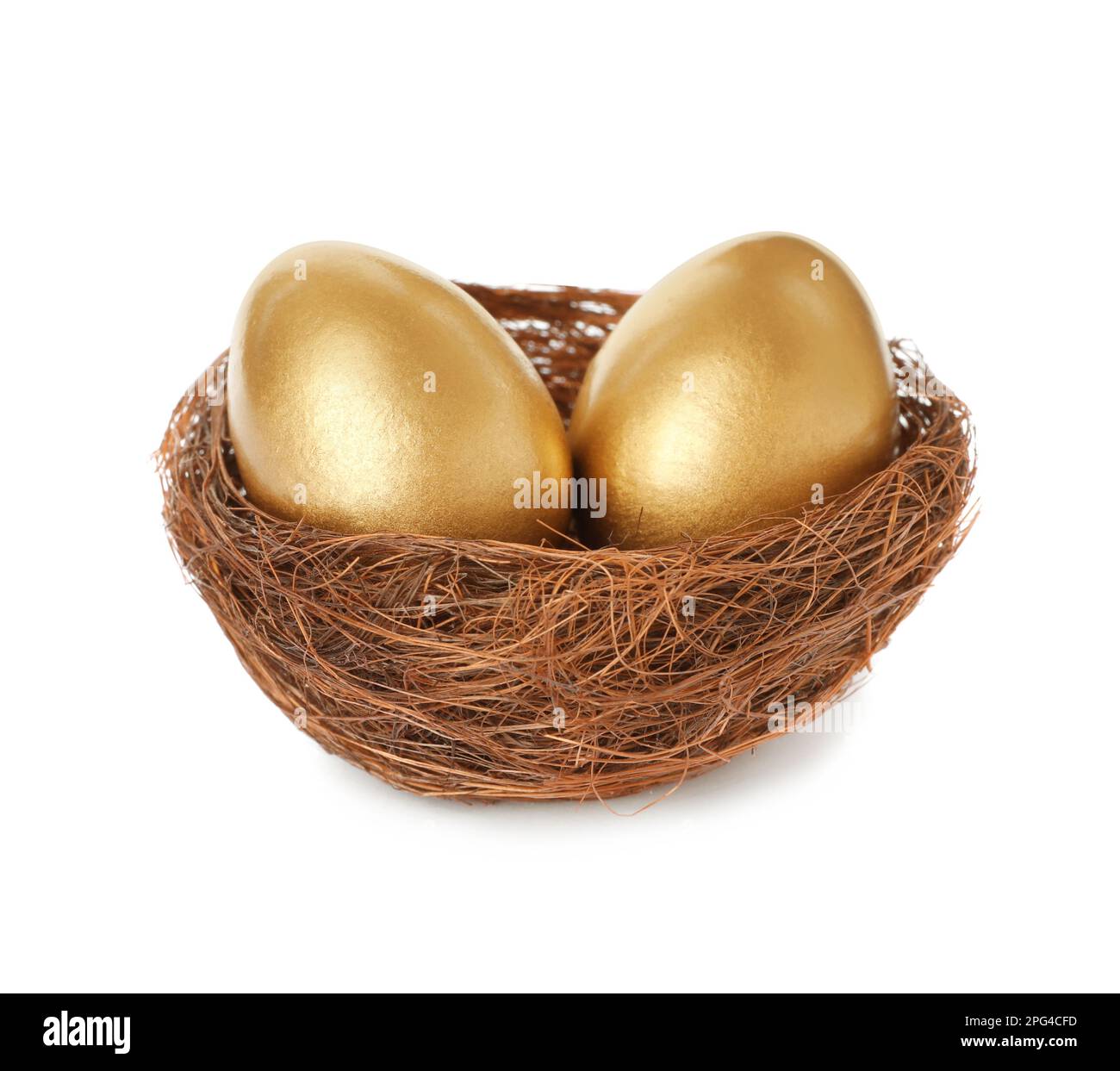 Shiny golden eggs in nest on white background Stock Photo - Alamy