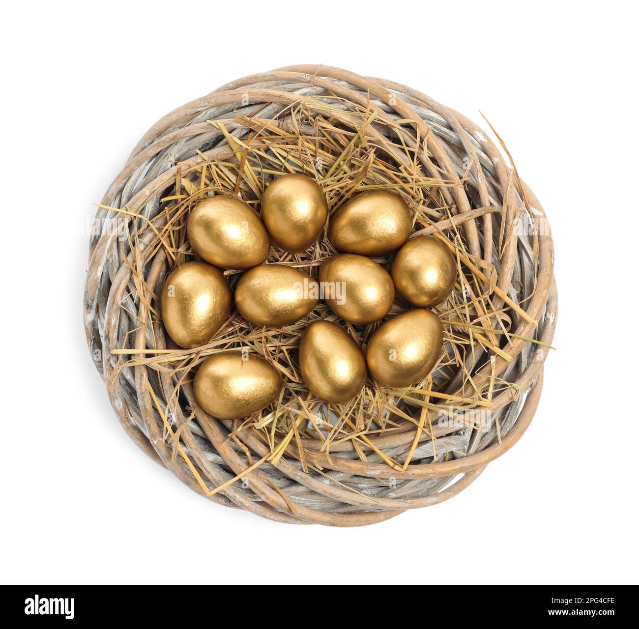 Shiny golden eggs in nest on white background, top view Stock Photo - Alamy