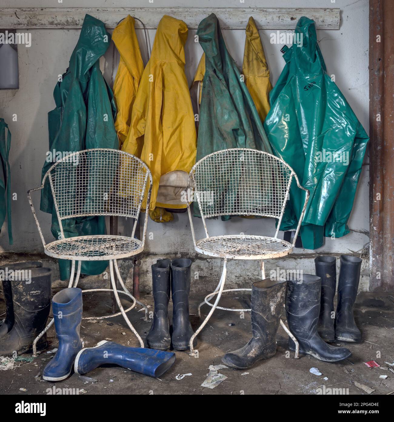 Chairs, rain-jackets and gum-boots stand in a farm shed on Lismore Diary Farm outside Suurbraak. Stock Photo