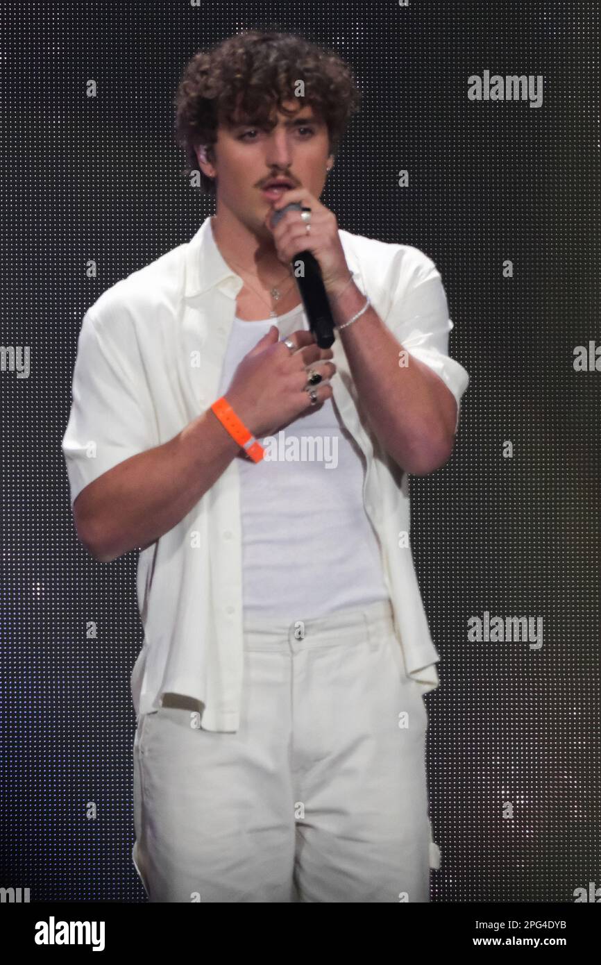 Madrid, Spain. 18th Mar, 2023. Singer Benson Boone performs during the Cadena 100 festival at the Wizcenter in Madrid. (Photo by Atilano Garcia/SOPA Images/Sipa USA) Credit: Sipa USA/Alamy Live News Stock Photo
