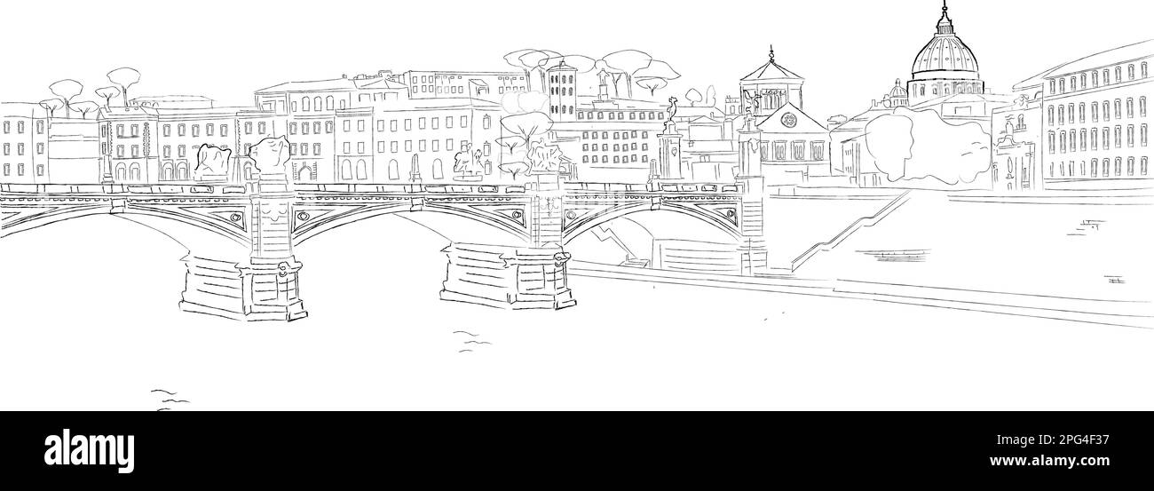 Rome city vector sketch. Vintage style with St Angelo Bridge on Tiber River view Stock Vector