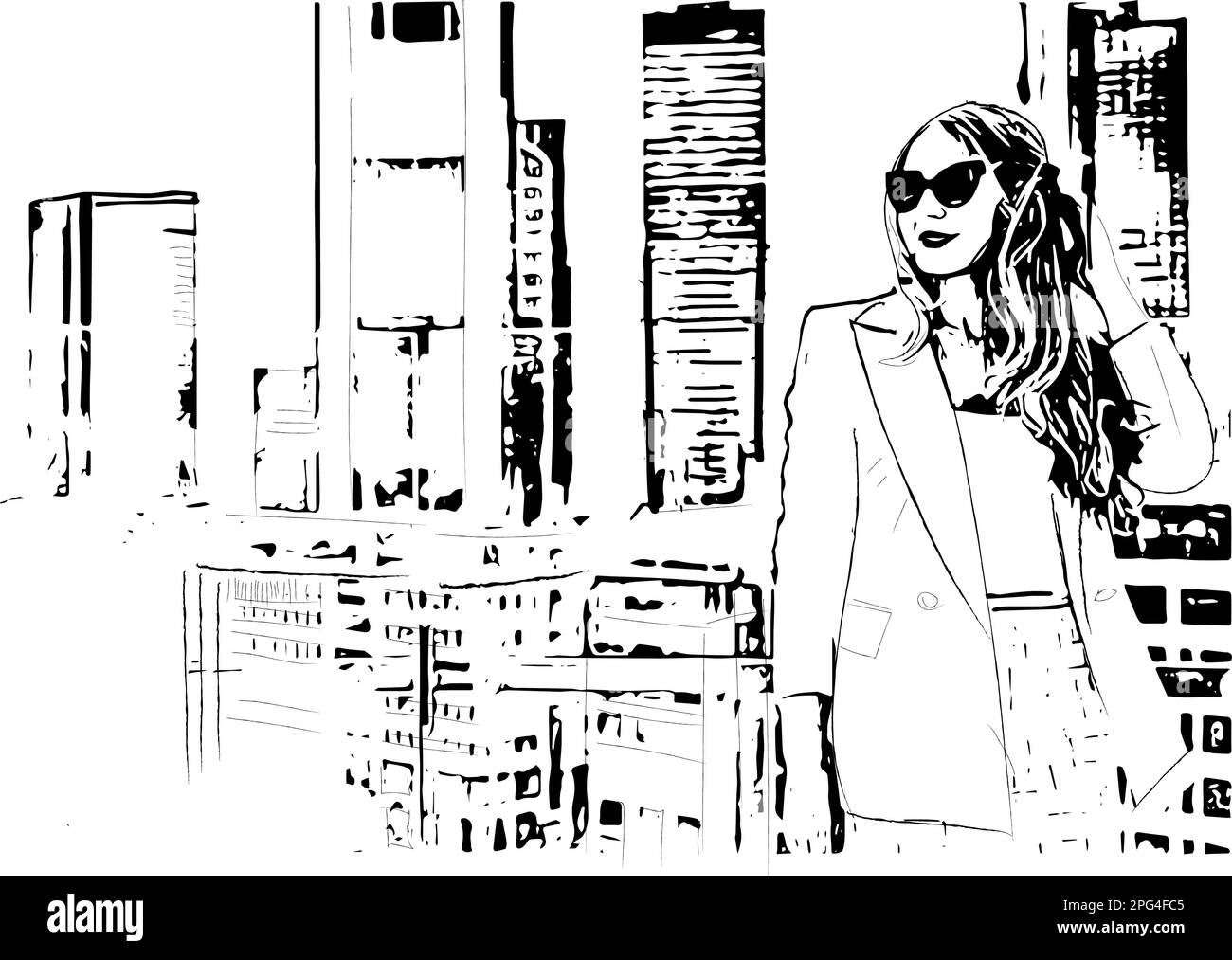 Woman in the big city vector line art. Business woman walking