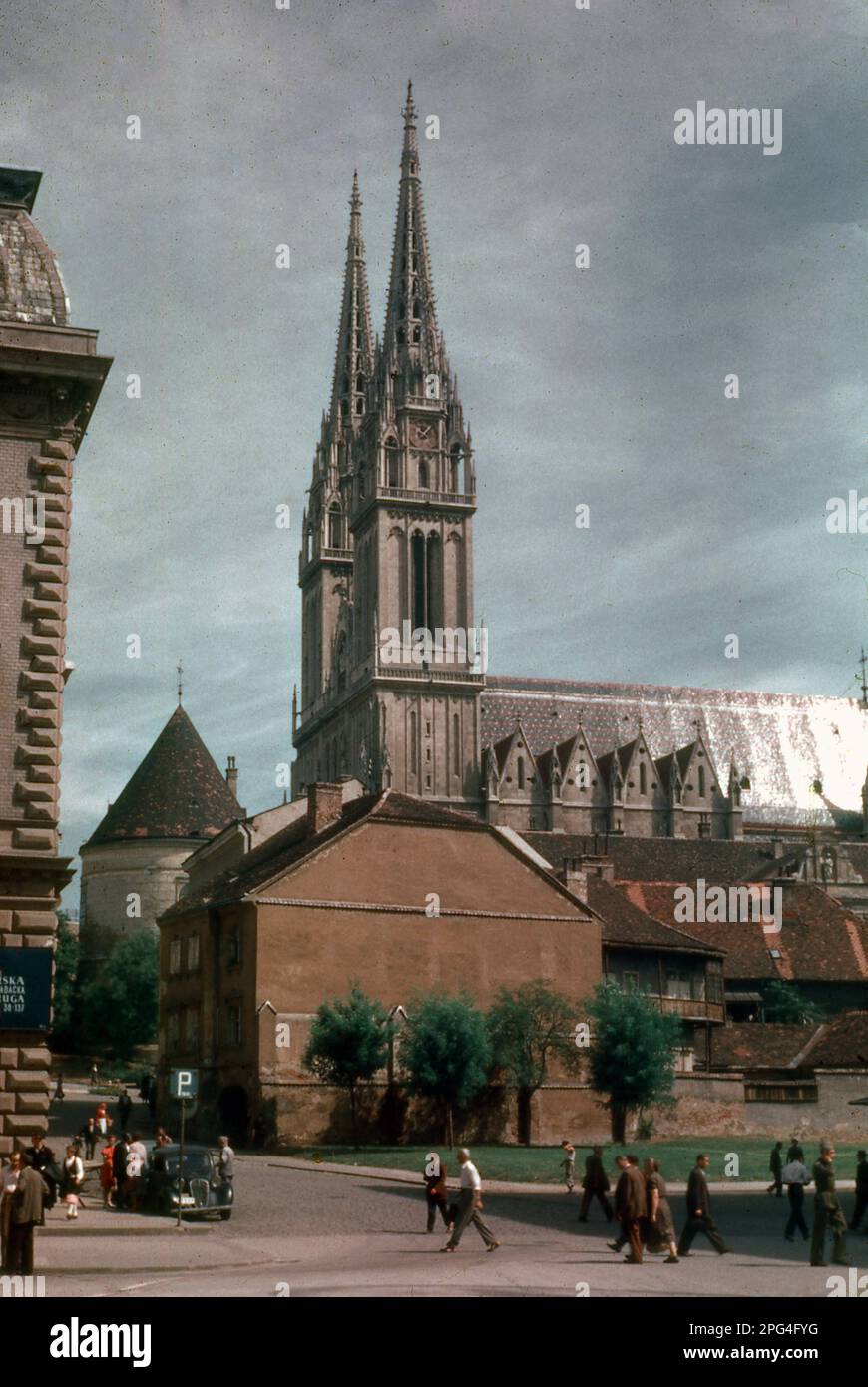 1960s, historical, exterior view from this era of Zagreb Cathedral, Kaptol, Croatia, a Roman Catholic cathedral-church built in the mid-13th century, with later reconstructions/additions. The second tallest building in Croatia, its spires are landmarks of the city. Stock Photo