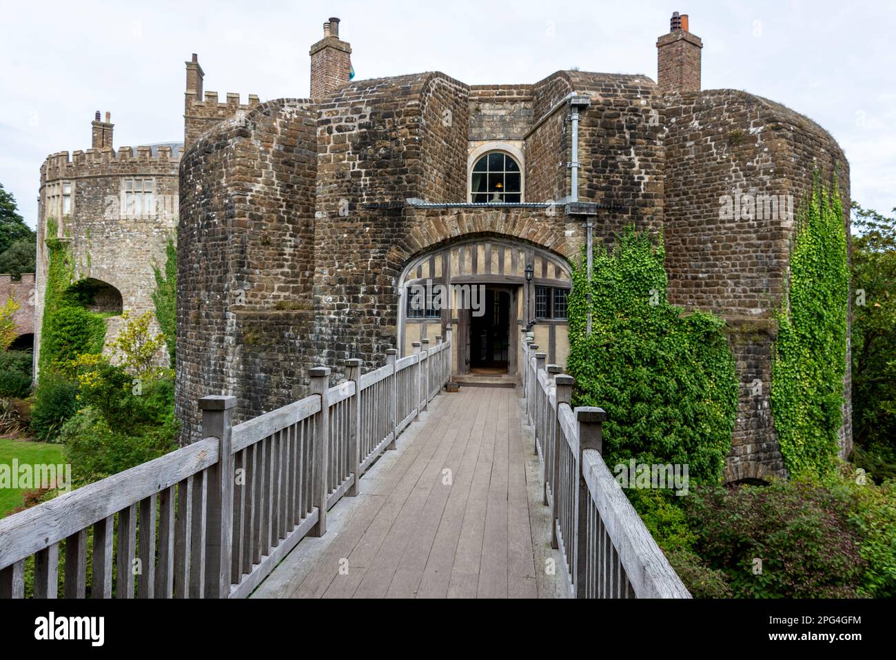A wooden walk bridge connecting the surrounding gardens and main residence at Walmer Castle near Deal in Kent, Britain.  The castle is an artillery fo Stock Photo