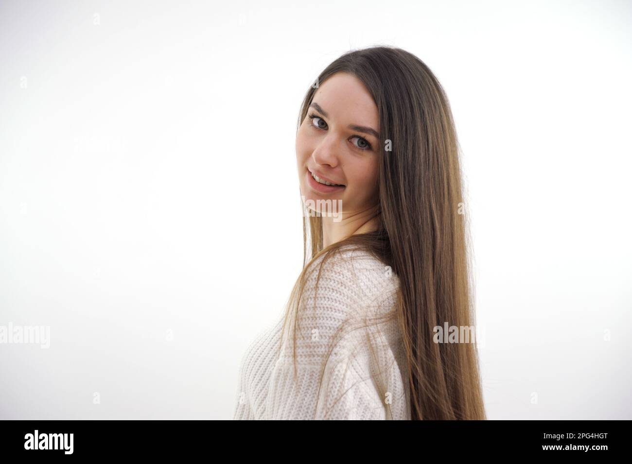 Portrait of young beautiful cute cheerful girl smiling looking at ...
