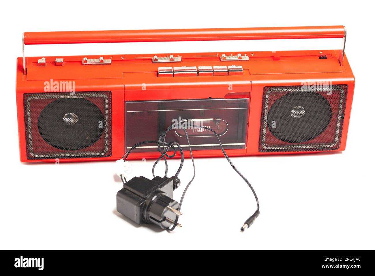 Retro portable stereo cassette recorder with a power supply Stock Photo
