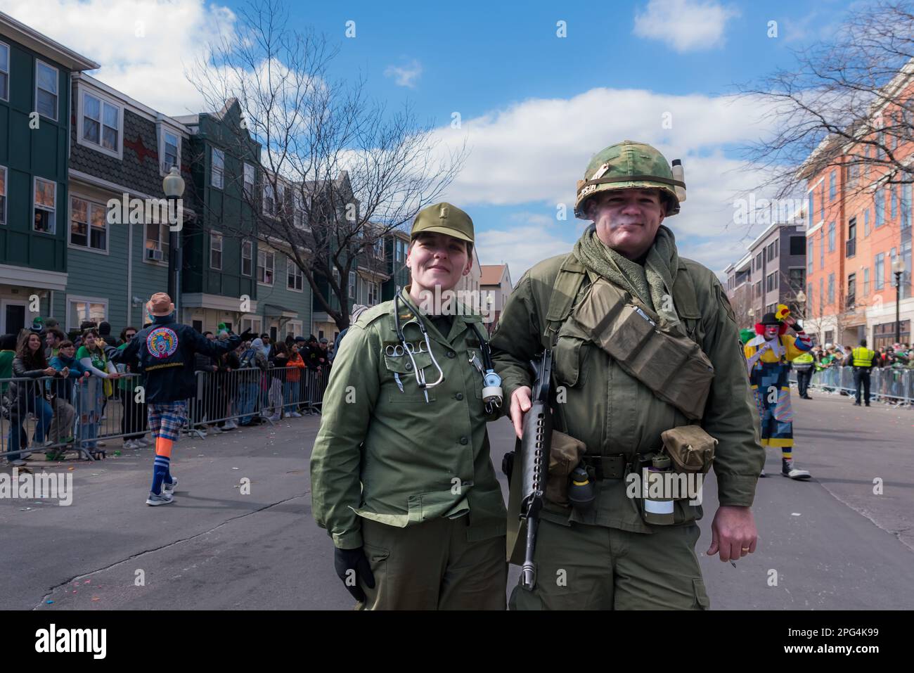 Reenactors at 2023 South Boston St. Patrick's Day and Evacuation Day Parade Stock Photo